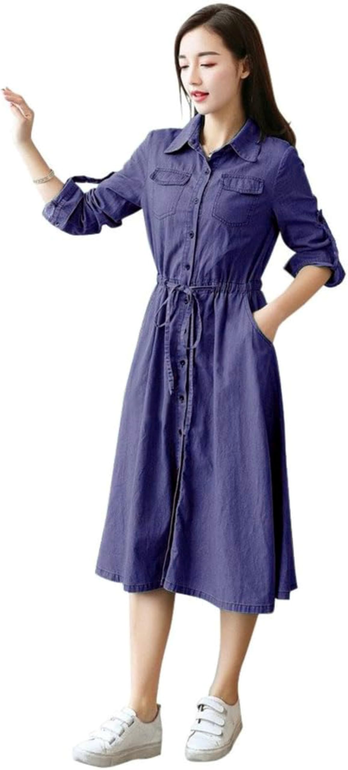 Navy Blue Woman Poly Cotton Denim Shirt Dress 33200-picture-33