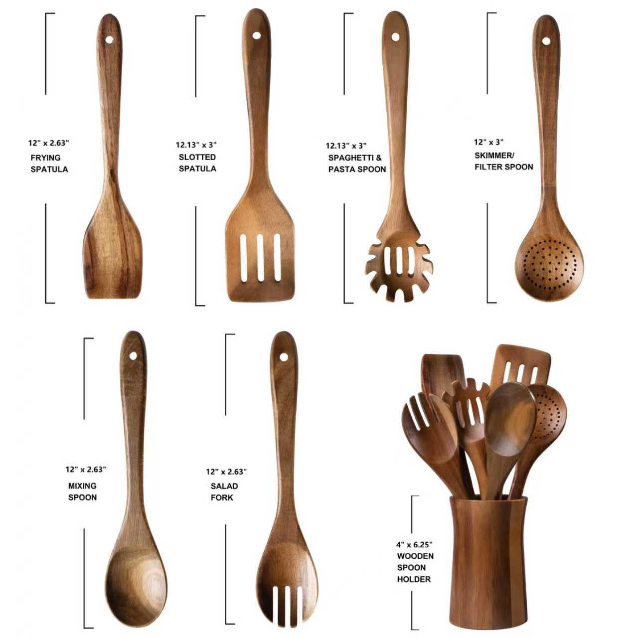 7-teiliges Küchenhelfer-Set aus natürlichem Akazienholz mit Halter – Holzlöffel und Gabel zum Kochen, Komfortgriff, Kochlöffel, Spatel, Sieblöffel, Salatgabel, Rührlöffel und Utensilienhalter