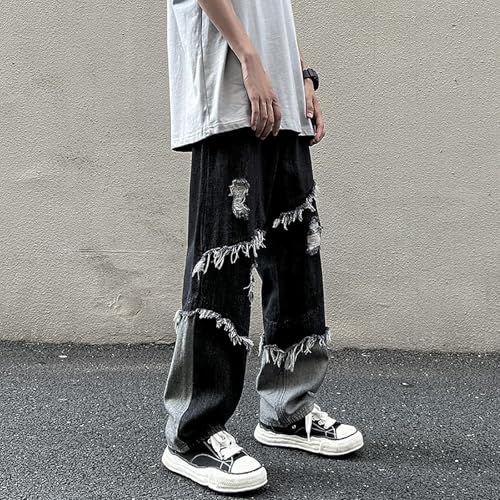 jupkem Men Y2k Baggy Straight-Leg Jeans Casual Ripped Patchwork Distressed Pants Goth Hip-hop Street Style Harajuku Clothing2