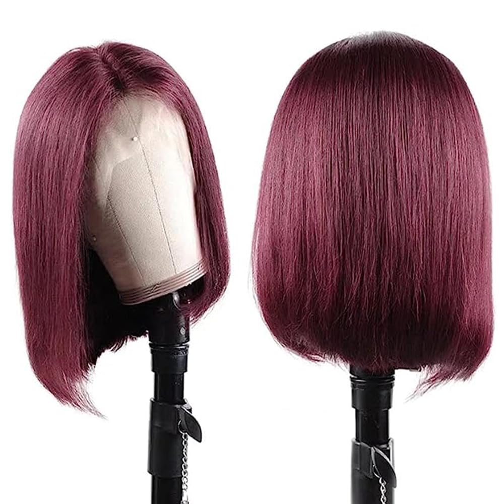 Datanala Bob Wig Human Hair 12Inch 99J Brazilian Virgin 100% Unprocessed Straight Human Hair 13X4 Transparent Lace Front Wigs Pre Plucked Bleached Knots Straight HD Lace Front Bob Wig - Image 3