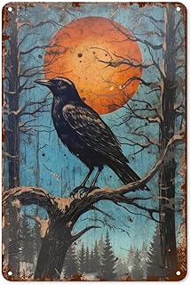 Raven Tin Sign - 8x12 Inch - Retro Halloween Tin Sign Metal Wall Decor Poster Vintage Tinplate Sign for Home Bar Garage Garden Patio Bathroom Man Cave