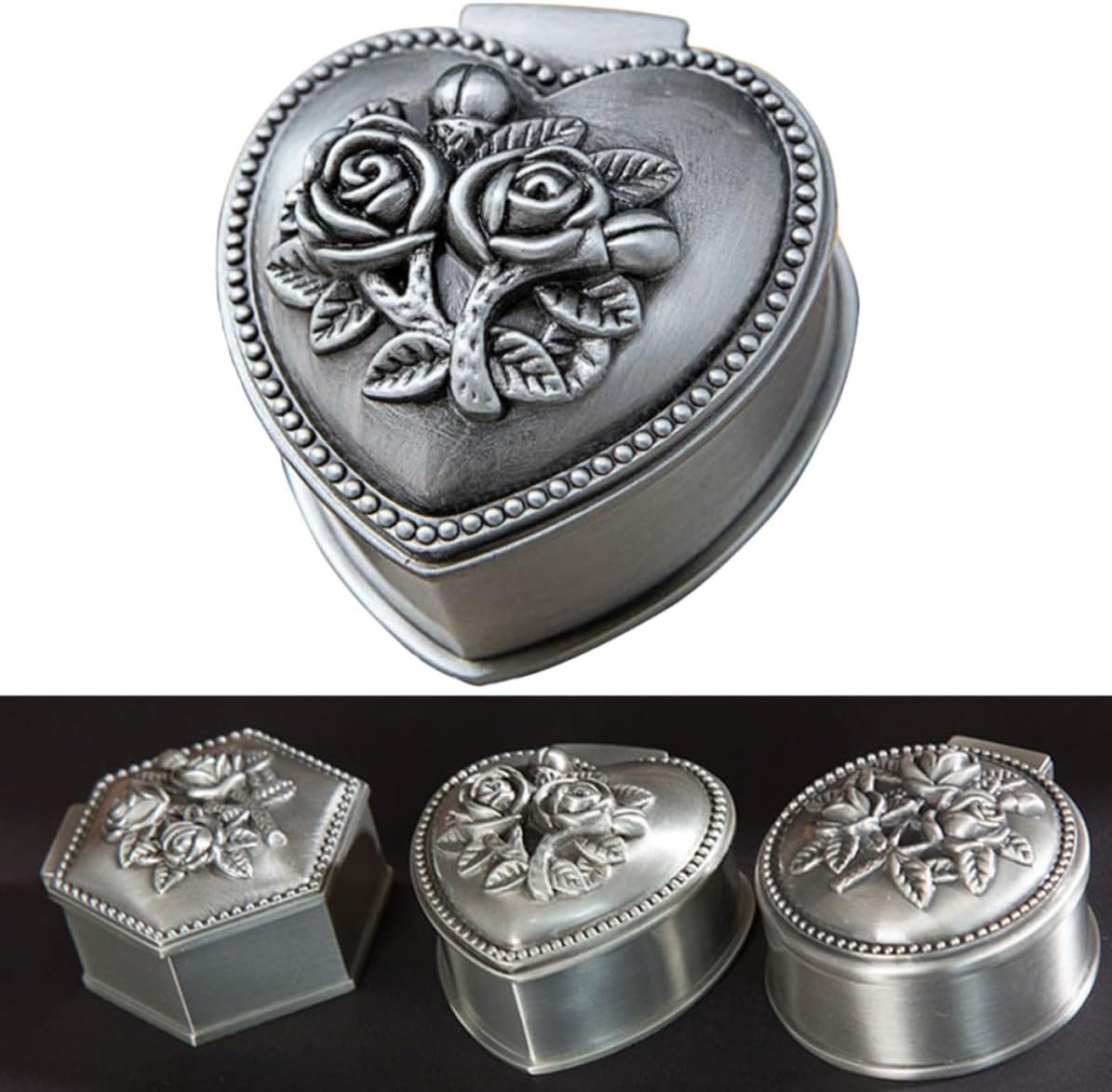 YARNOW Vintage Heart Shaped Alloy Trinket Box Flower Pattern Cover image 2