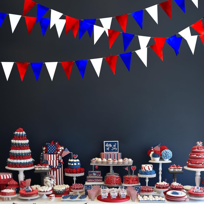 Patriotic Hanging Triangle Flag Pennant Garland Red White and Blue Hanging Paper Pennant Streamer for 4th of July, Independence Day, Memorial Day, Veterans Day, Labor Day Decorations 30 Feet - Image 2