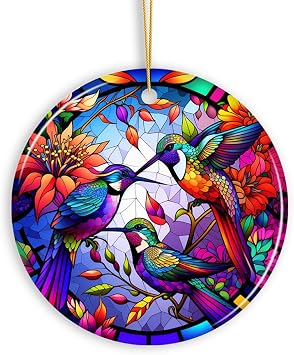 Natural Beauty and Elegance Hummingbird Ceramic Ornament, Stained Glass Theme Artistic Nature