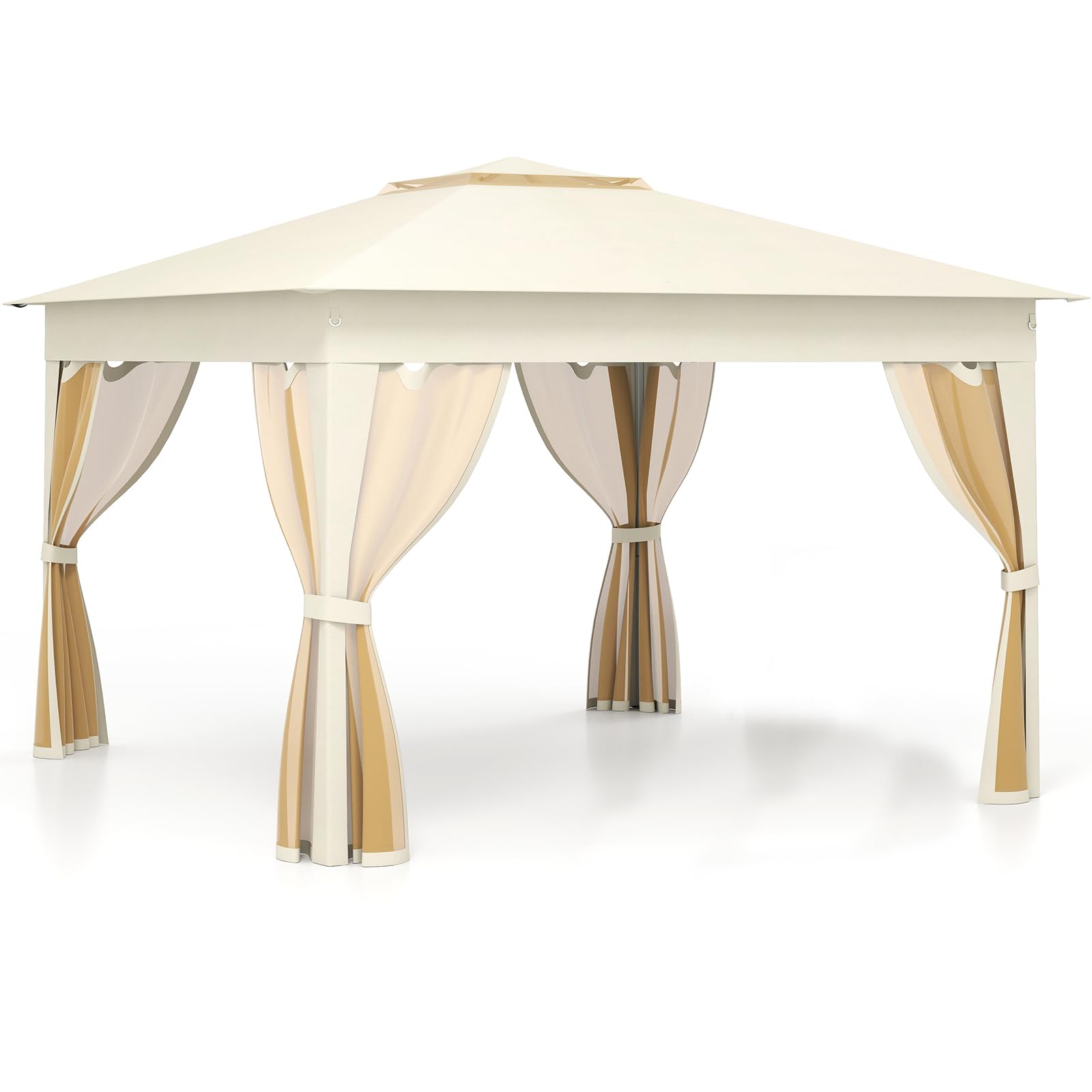 GYMAX Gazebo Pieghevole per Esterni 337 x 337 CM, Tendone da Giardino con Tetto Doppio, Lati in Rete e Borsa da Trasporto, Gazebo Pabellone Emergente per Campeggio, Feste, Beige