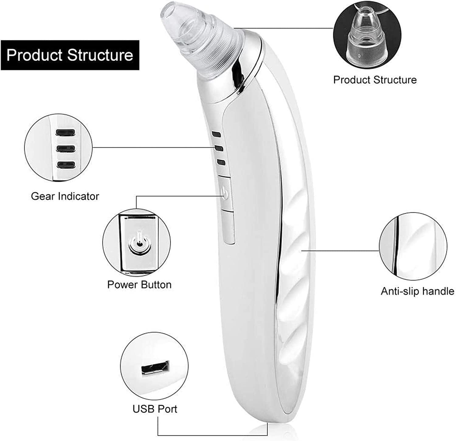 Detergente for la rimozione di Punti Neri, 3 Ventose Regolabili con Potenza di aspirazione for Punti Neri con 6 sonde di aspirazione, Strumento Ricaricabile for la rimozione dei Punti Neri