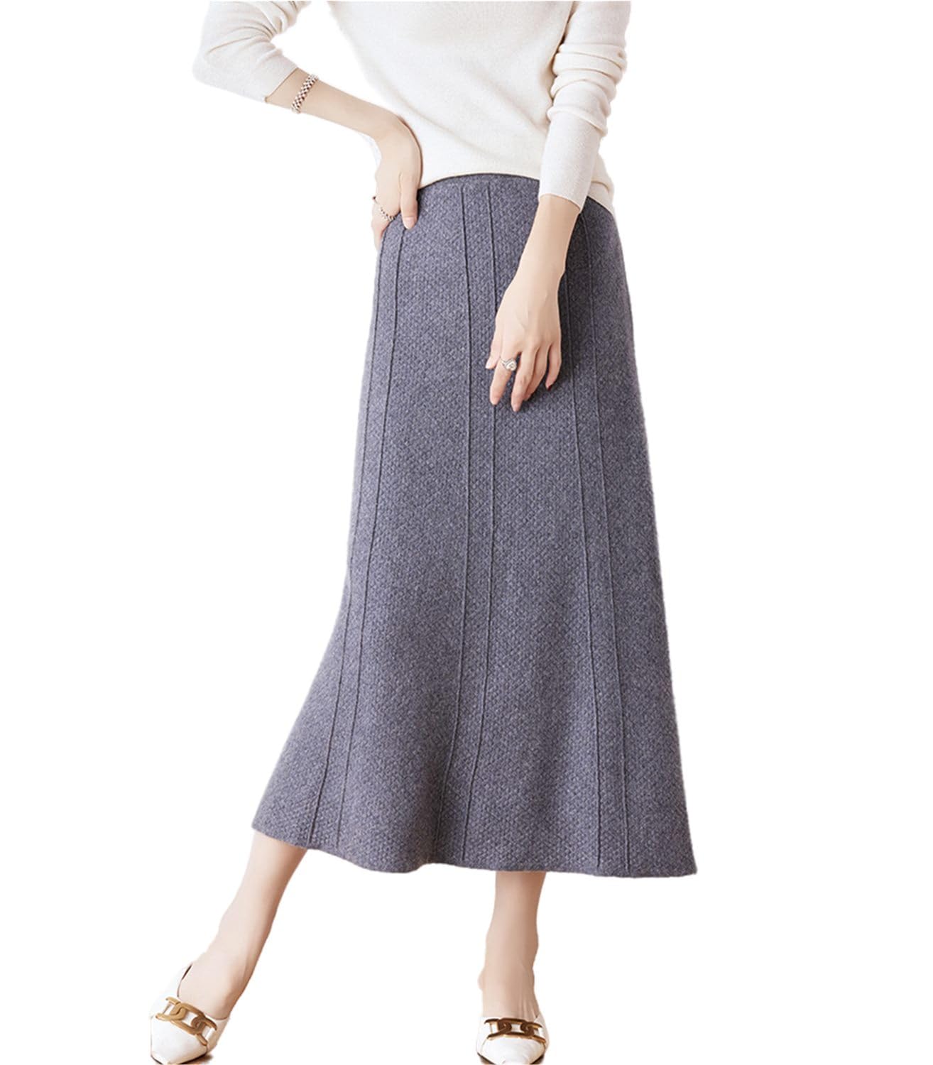Gonna lunga da donna Autunno Inverno 100% Lana Merino Maglia Gonna a Costine Elastico in Vita Calda Gonna Maglione