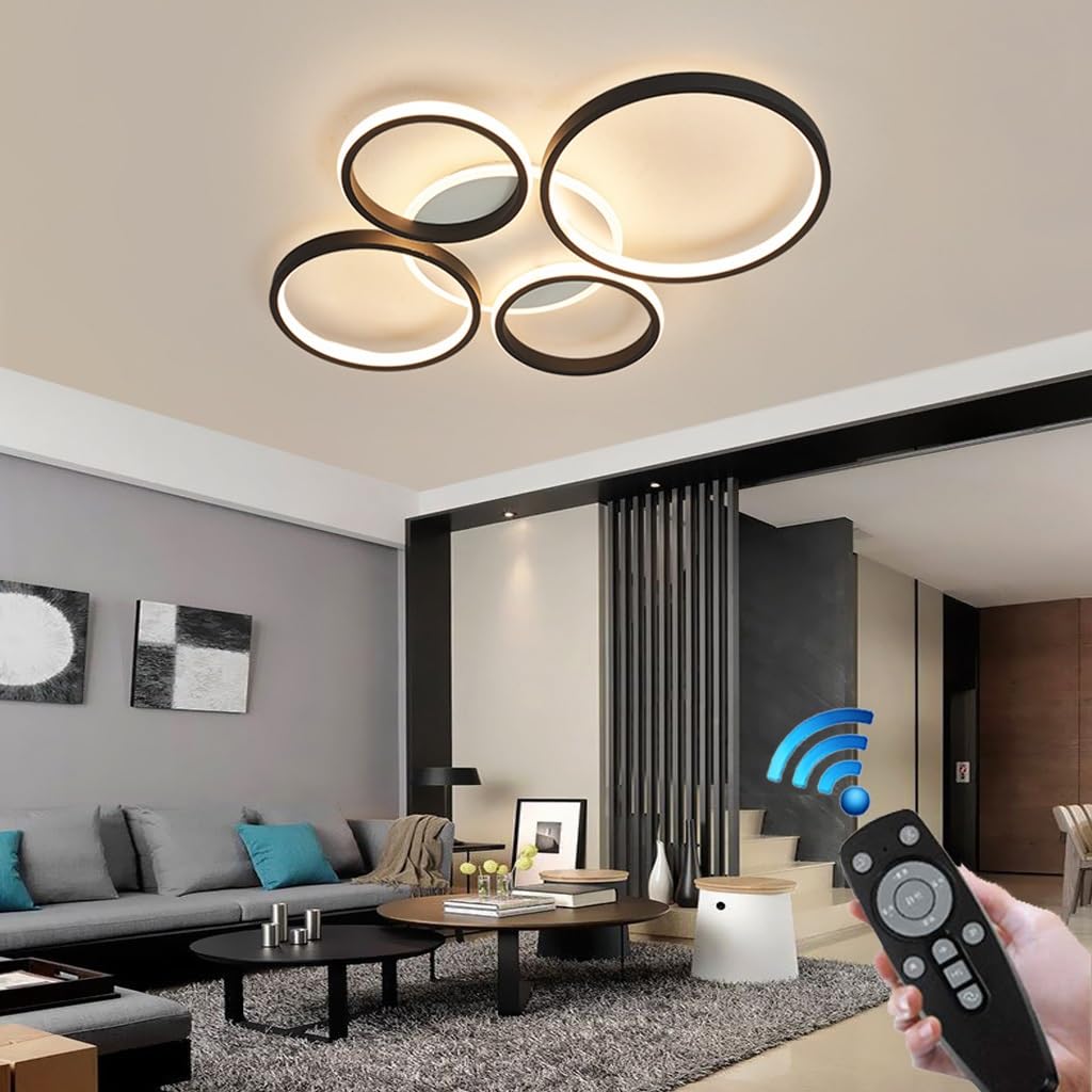 Nowoczesna lampa sufitowa LED do salonu, 6 pierścieni, okrągła czarna metalowa oprawa do sypialni, możliwość ściemniania, 3000 K-6500K, do restauracji, biura lub gabinetu, żyrandol wewnętrzny