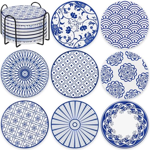 Patelai 8 Pcs Vintage Ceramic Coasters Set with Holder, Blue Round Absorbent Drink Coasters for Coffee Table Glasses Housewarming Home Decoration