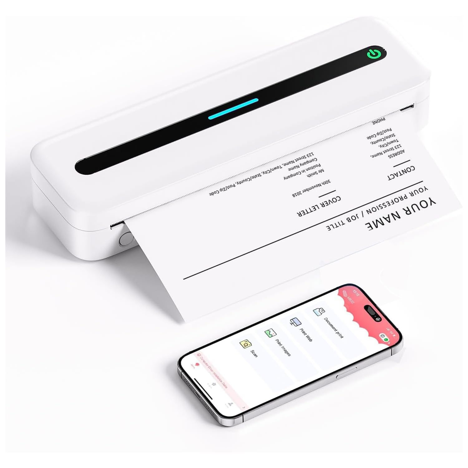Portable Thermal Printer, Wireless Thermal Printers, Compatible with iOS, Android & PC, Inkless Mobile Printer for Travel, Office, School, White-image-0