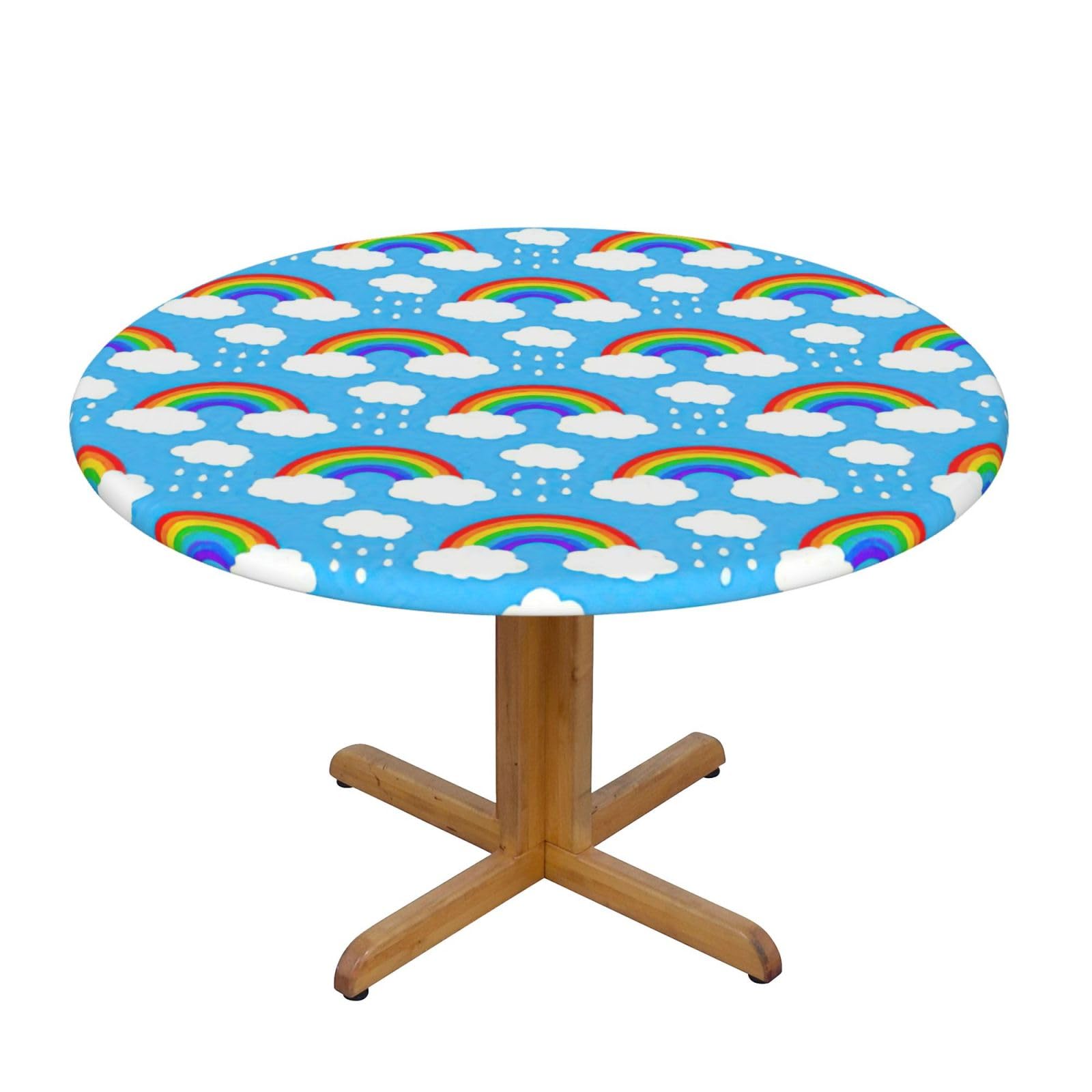 DUWAA Rainbow Clouds Raindrop Print Oxford Fitted Table Cover For Patio Picnic, Waterproof Round Tablecloth For Home And Outdoor