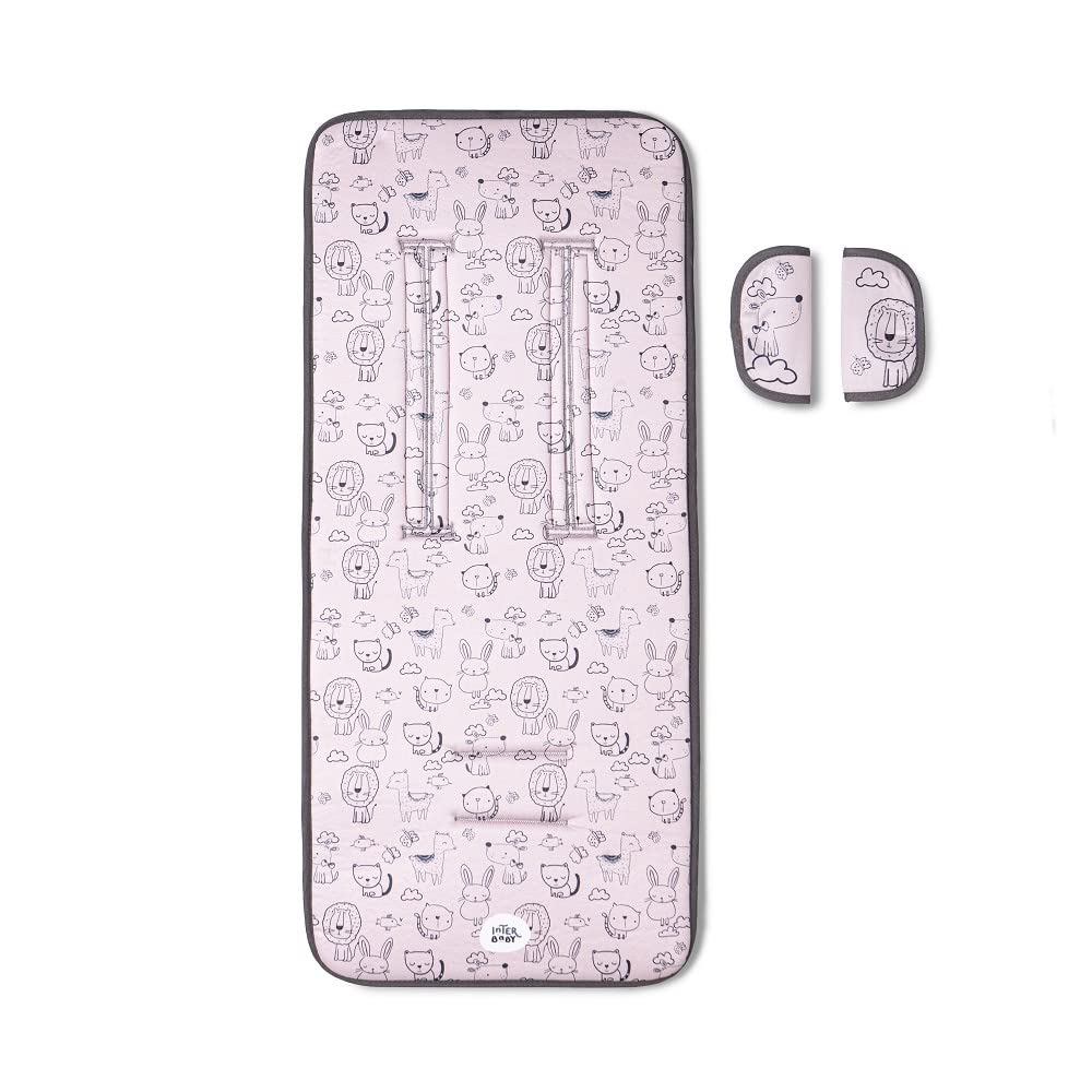 Interbaby Colchoneta Silla Paseo Universal para Verano | Transpirable y Cómoda | Funda Carro Bebe 100% Algodón, 84x34cm, Protectores para Arnés | Funda Silla Paseo Cat Rosa