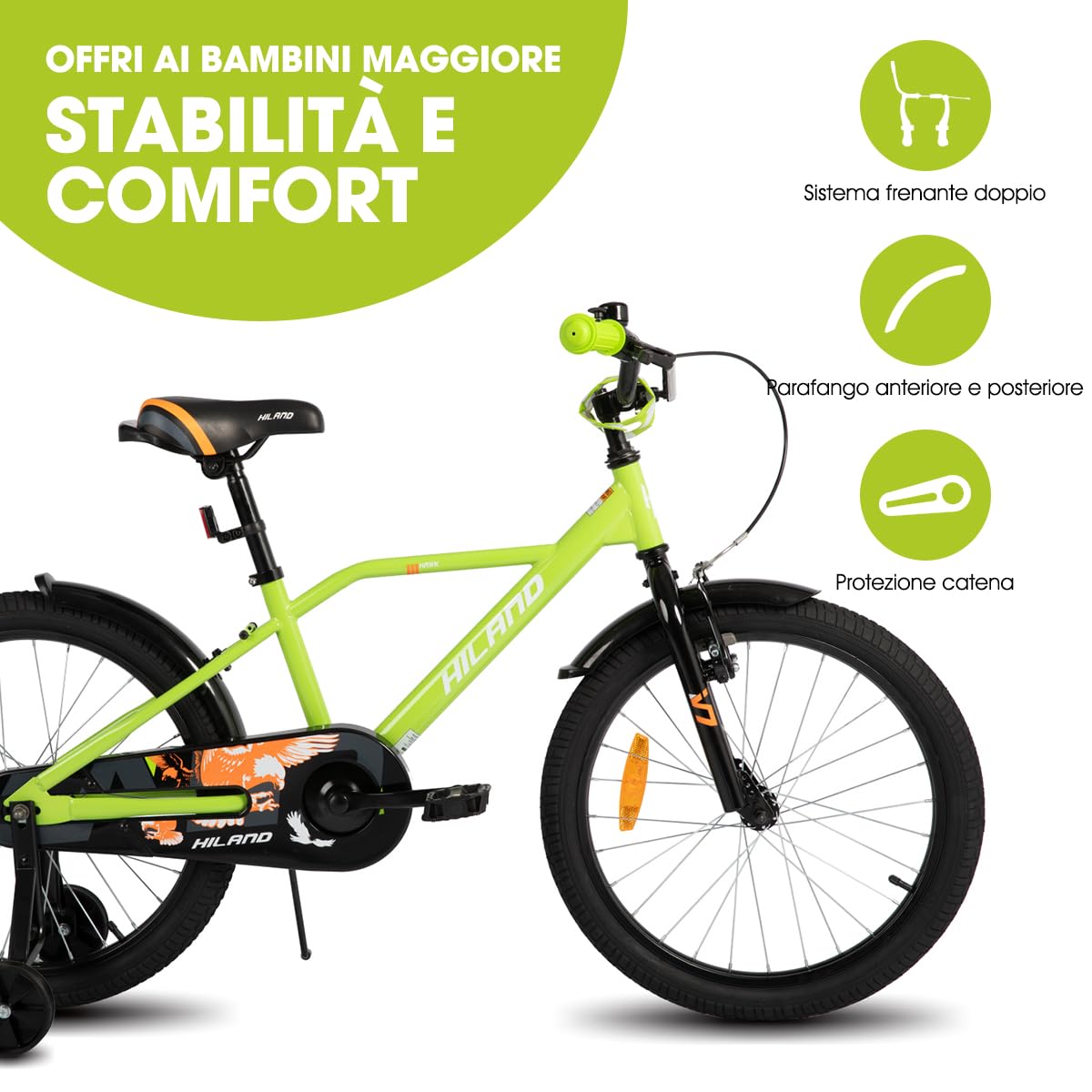 HILAND Hawk Bicicletta Bambino/Bambina 20" 6–10 Anni, Bicicletta per Bambini con Cavalletto e Freno a Mano, Nero & Verde/Blu/Nero & Arancio/Verde