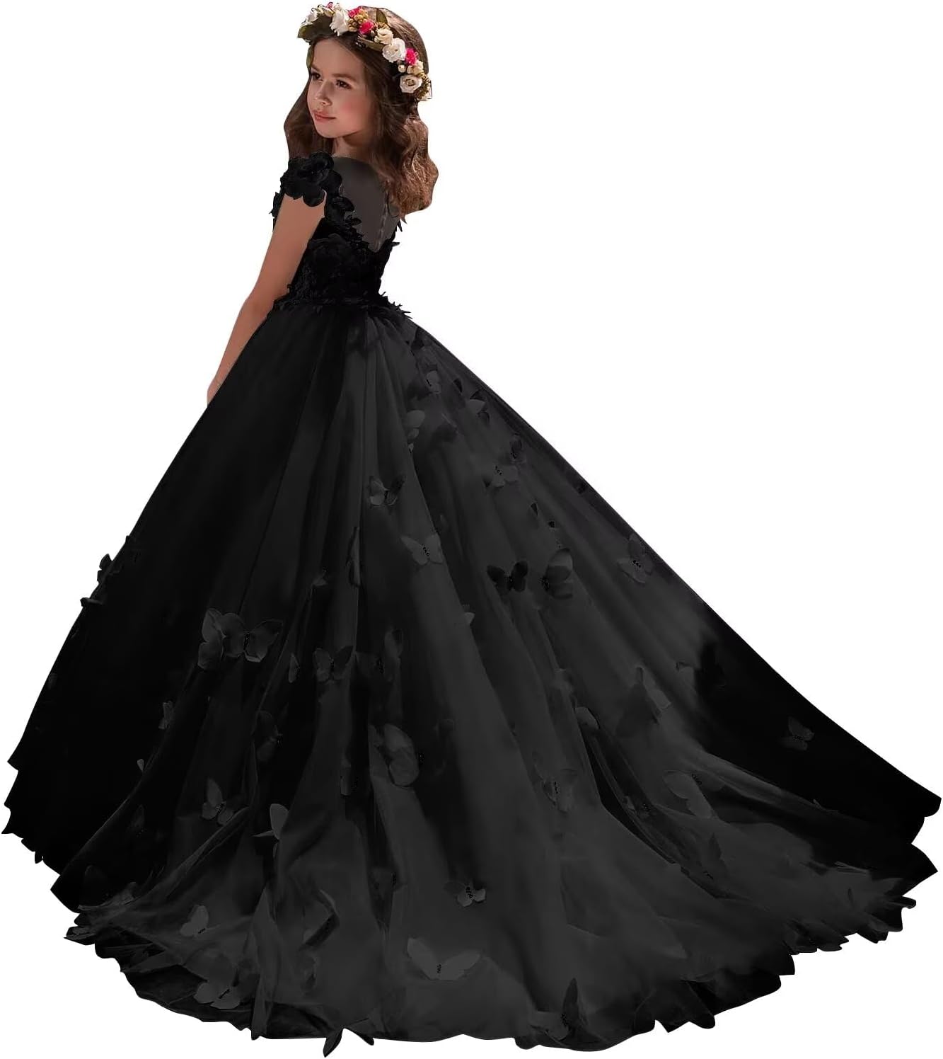 Tulle Flower Girl Dress Lace Floral Butterfly First Communion Dress Pageant Dresses for Girls Formal Ball Gown Dress