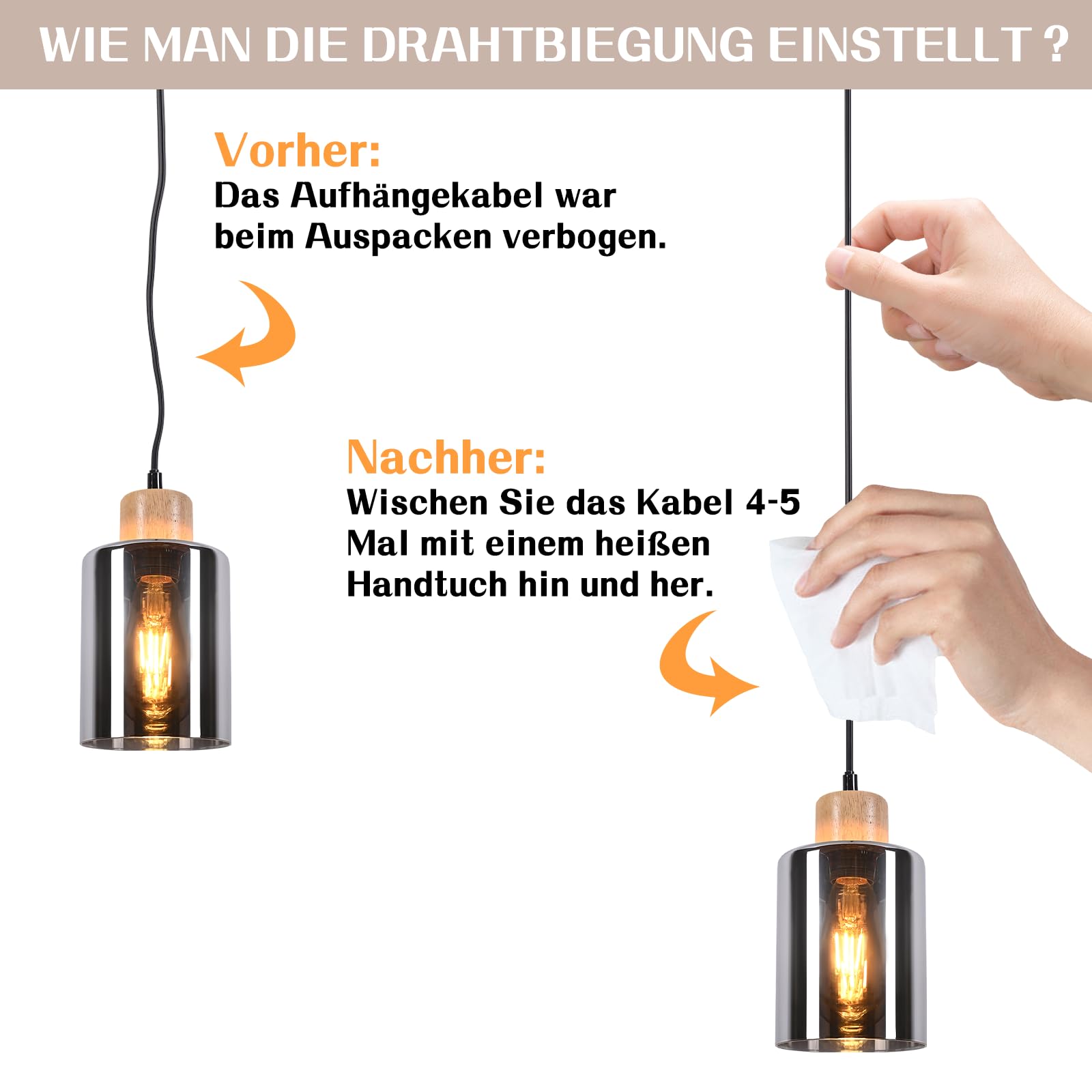 Pendelleuchte esstisch Hängelampe E27: Esstischlampe hängend Holz | Esszimmerlampe 4 flammig retro Vintage Hängeleuchte Rauchglas Pendellampe für Esszimmer Küche - Ohne Leuhctmittel