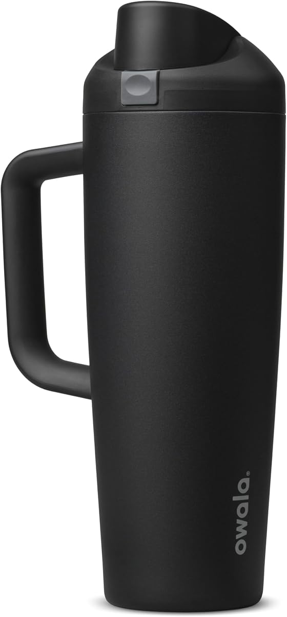 Owala FreeSip Vaso Botella de agua de acero inoxidable 30 oz Muy, muy oscuro | Aislamiento de triple capa | Tapa a prueba de fugas con botón pulsador | Tapa de doble rosca para beber a diestros y zurdos.