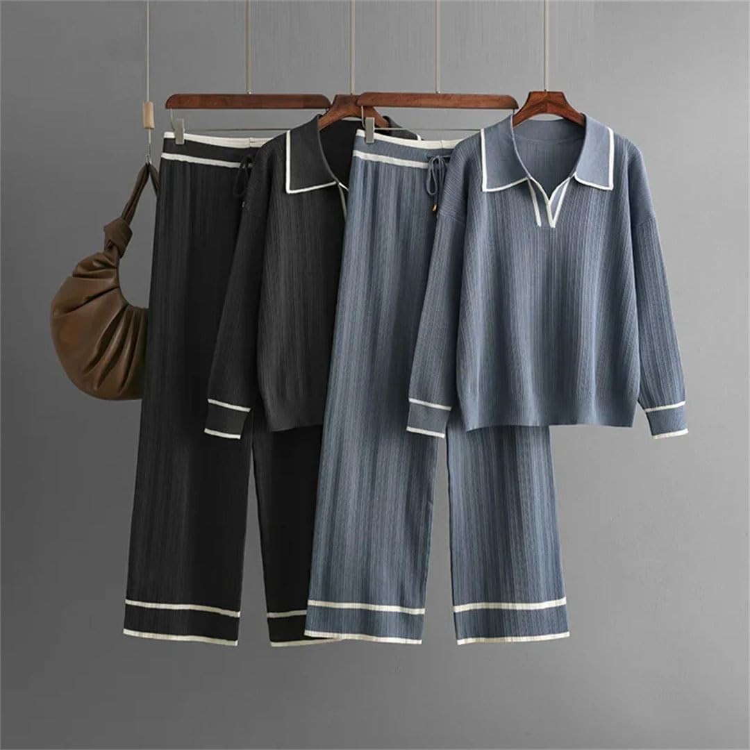 Ensemble deux pièces pour femme avec pull contrasté taille haute et pantalon en tricot fin