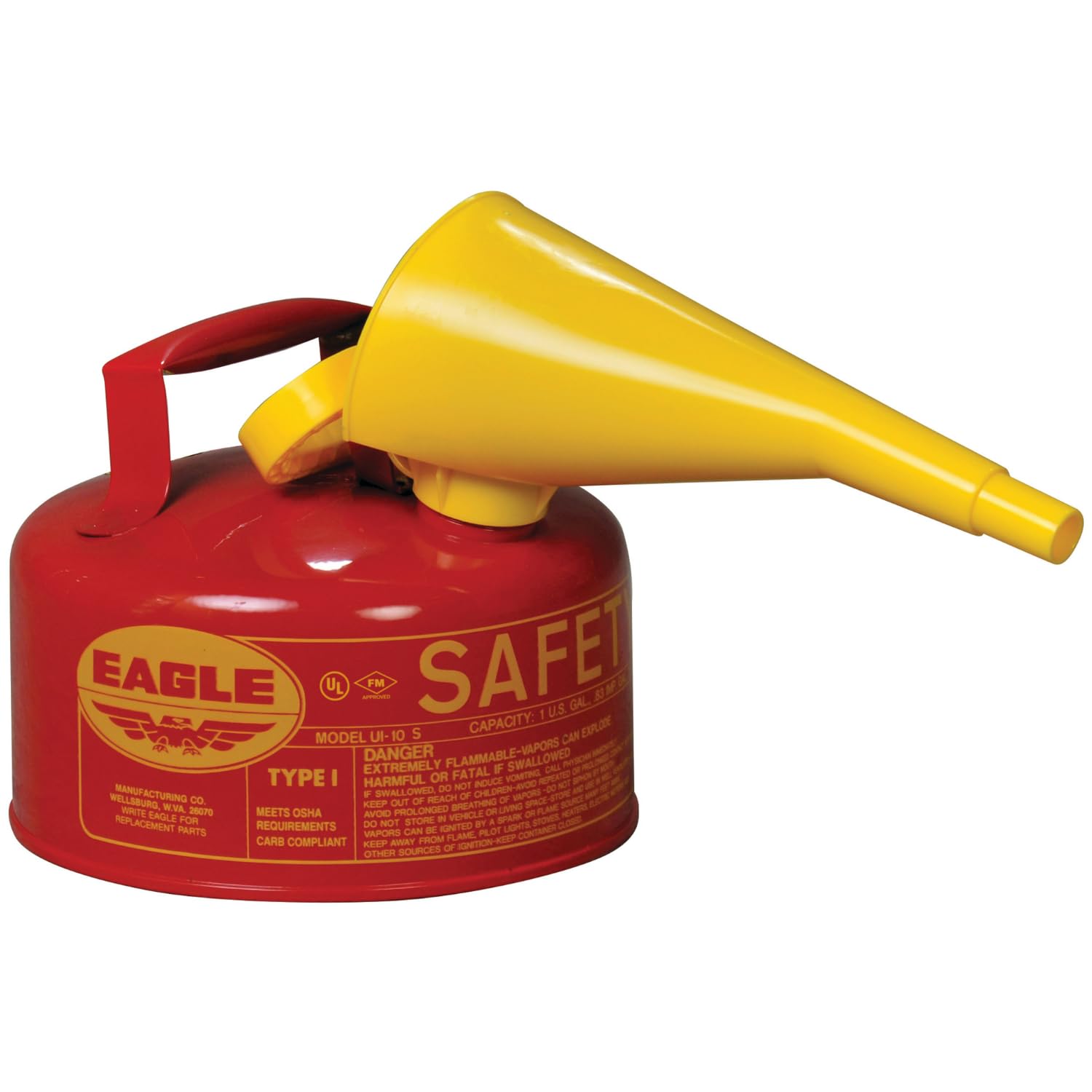 1 Gallon Type I Red Safety Gas Can for Gasoline with Flame Arrester, Self-Closing Lid, and F-15 Funnel, Made in the USA, Galvanized Steel Flammable Storage Can, UI10FS