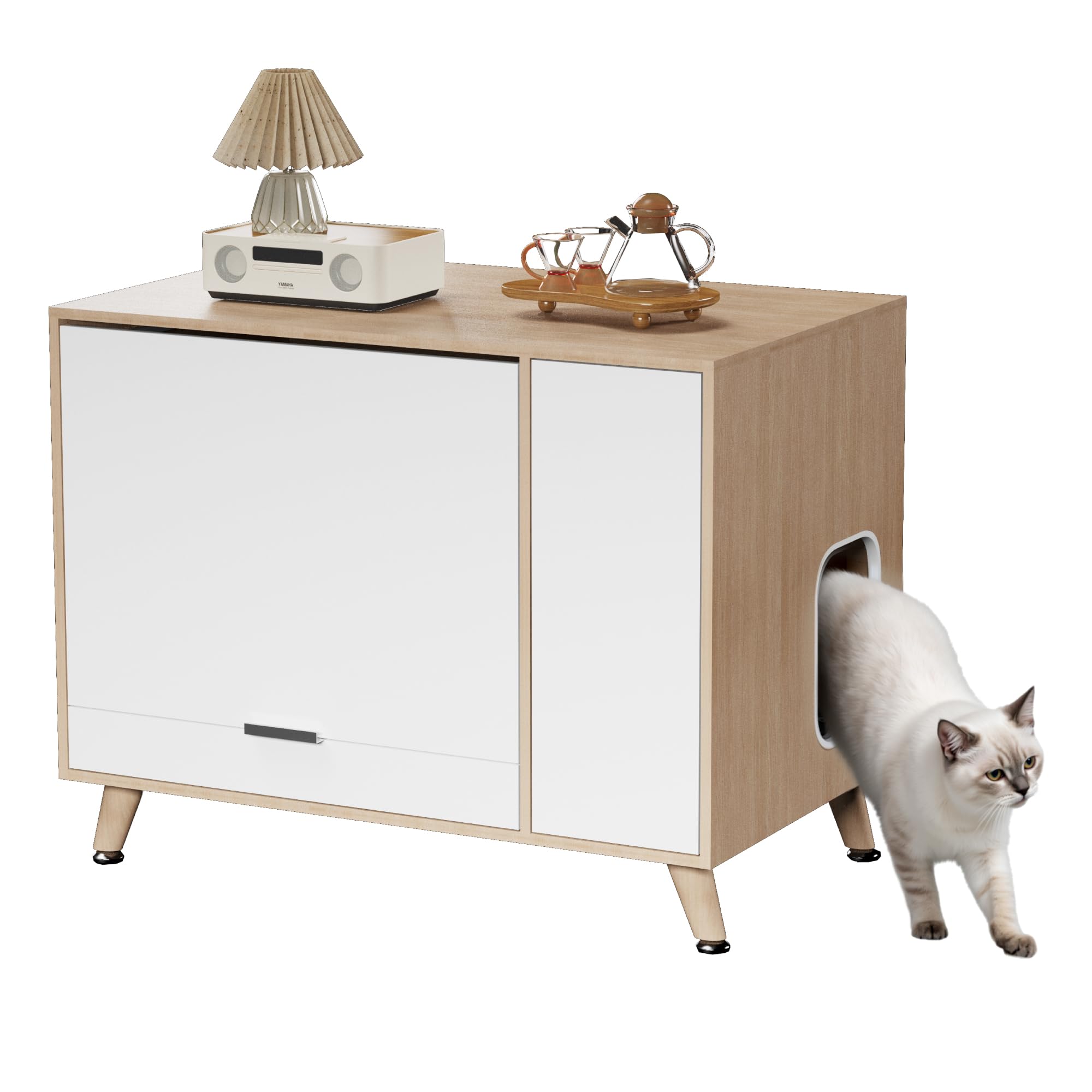 Mueble Arenero para Gatos, Mueble para Esconder la Arena con Puerta Abatible y Bandeja Extraíble, Casa para Gatos con Entrada Lateral y Almacenamiento, Tono Madera