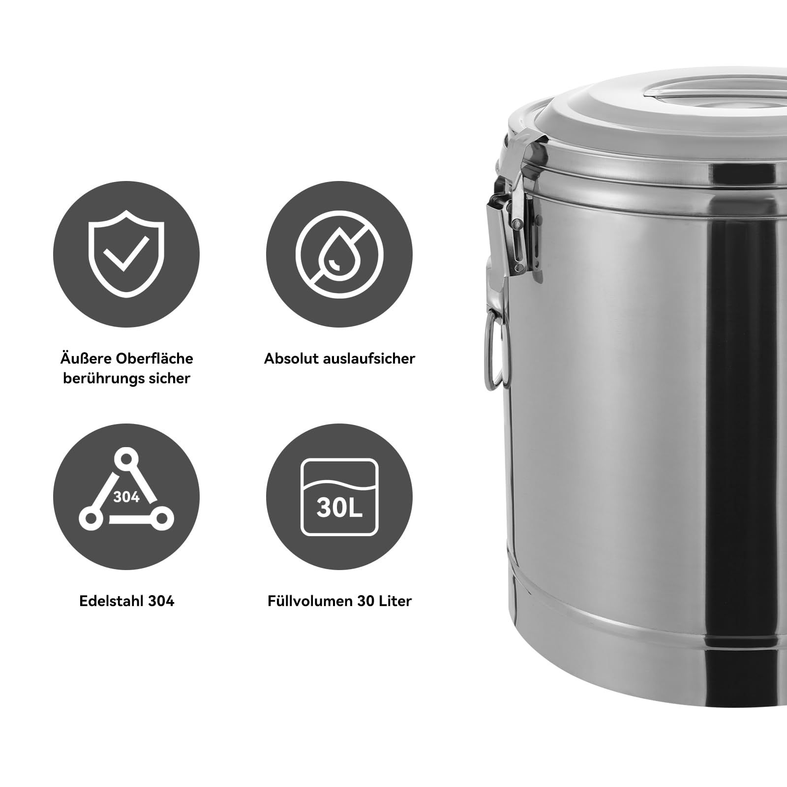 Recipiente térmico, Cubo Aislado de Acero Inoxidable de 30 litros, Recipiente para Sopa con Tapa y Asas, Transporte de Sopa Aislado para comedores Escolares, hoteles, restaurantes