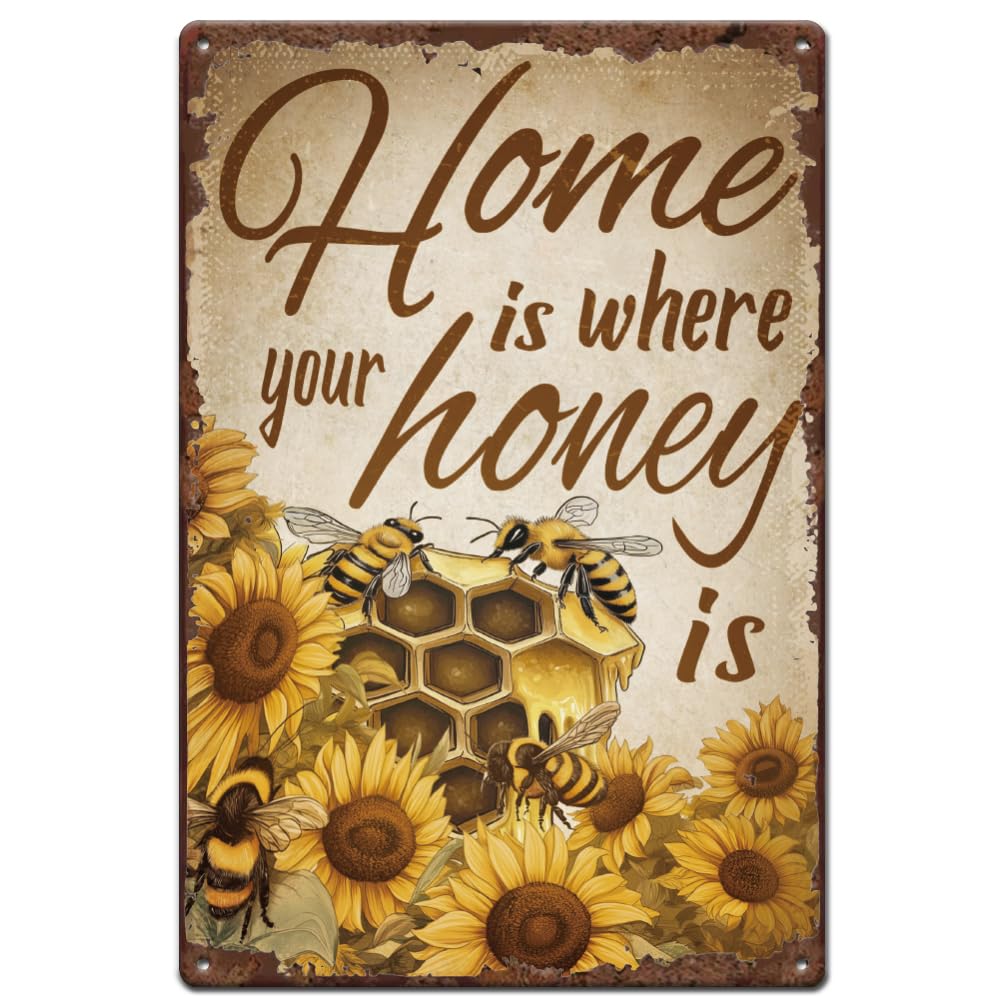 SUPERDANT Honeybee Sunflower Metal Signs Home Is Where Your Honey Is Tin Sign Wall Plaque Funny Signs and Plaque Vintage Wall Art Metal Decor for Home Livingroom Farmhouse Housewarming Gift