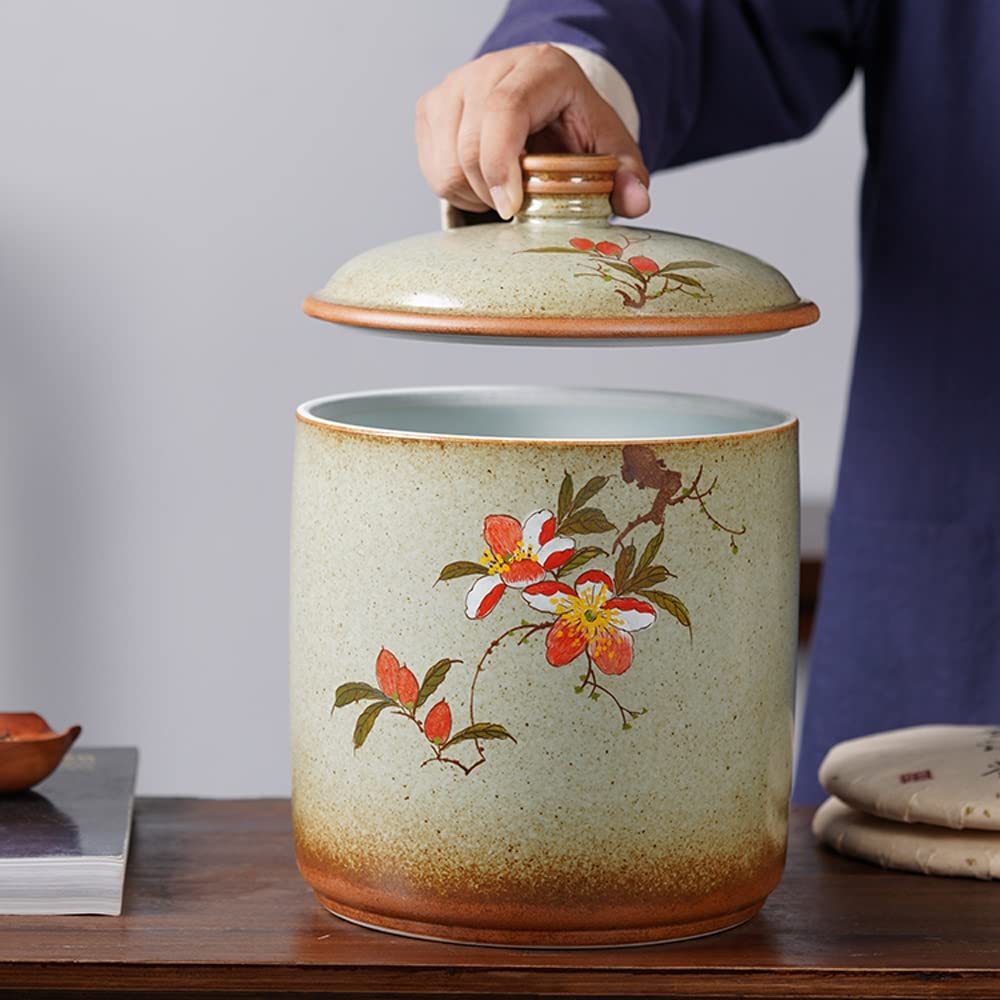 Retro ceramiczny dozownik ryżu z pokrywką, 11 funtów dozownik ryżu Cylinder ryżowy, kreatywny, szczelnie zamknięty pojemnik na żywność do kuchni, dozownik płatków śniadaniowych do ryżu, płatków śniad