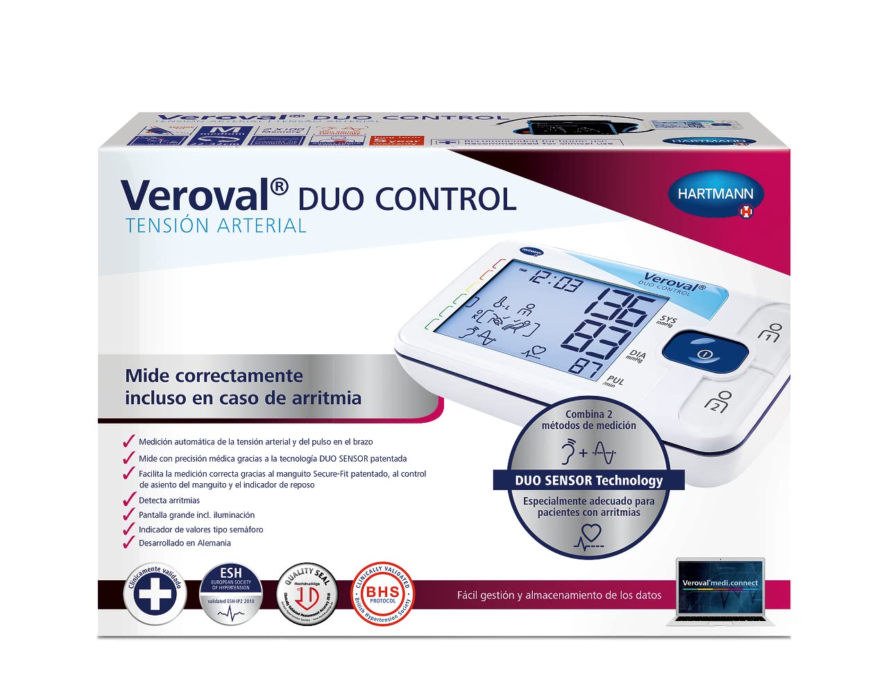 VEROVAL, Tensiómetro de Brazo Digital Duo Control, Medidor de Tensión Arterial, Aparato para Medir la Tensión, Medición Rápida y Precisa, Tecnología Dúo Sensor, 200 Lecturas, Talla Mediana (22-32cm)