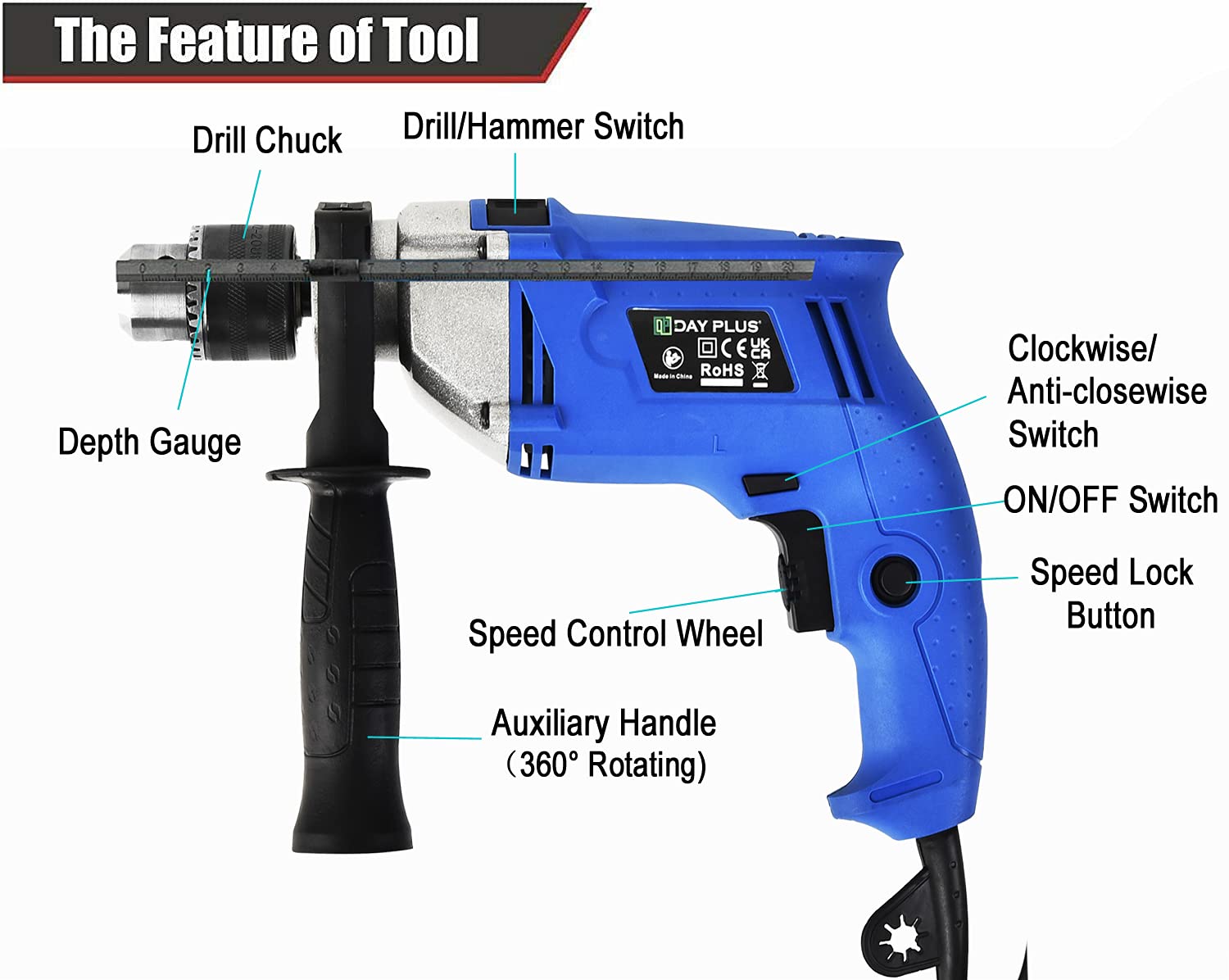 Taladro percutor de 850 W, 230 V, 3000 RPM, velocidad variable con mango, rotación de 360°, incluye accesorios