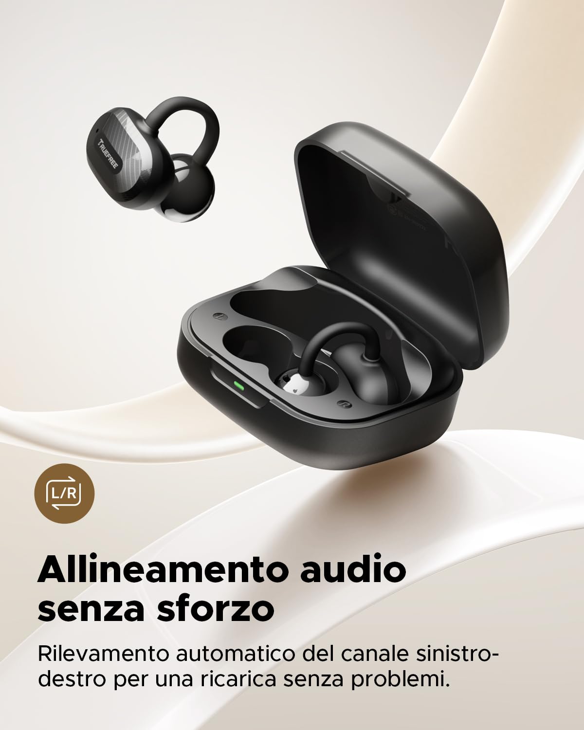 truefree C10 Auricolari Wireless Clip-On Open-Ear, Bluetooth 5.4, Suono Spaziale con Driver 12mm, 28 Ore Autonomia, IPX5 Impermeabili, Chiamate Nitide AI-ENC, App Personalizzabile