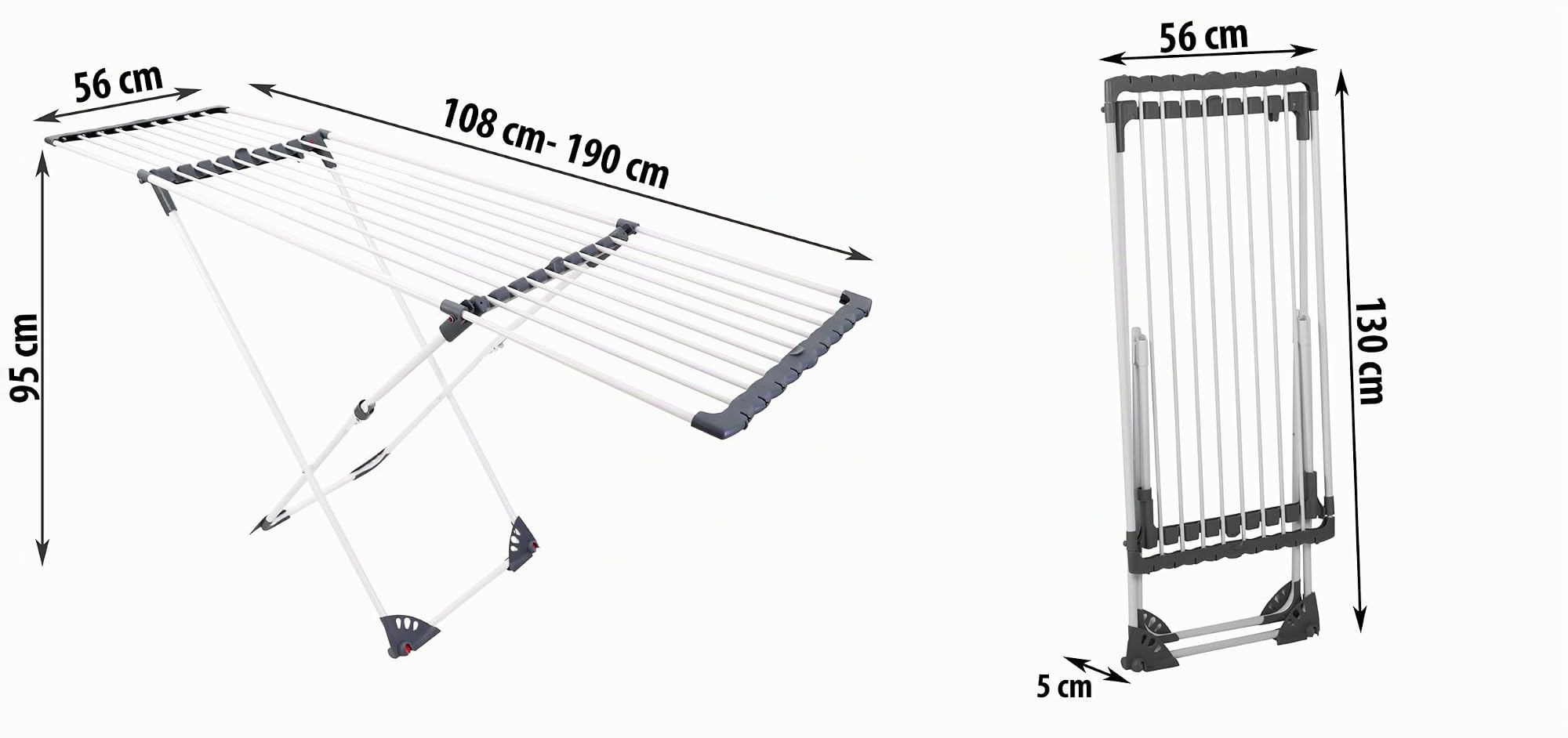 Wäscheständer Mit Rollen Ausziehbar Teleskopisch Wäscheflügeltrockner Wäschetrockner Ständer Stabiler Standtrockner Trockenfläche 20 M Ursula 108-190 x 56 x 95 cm