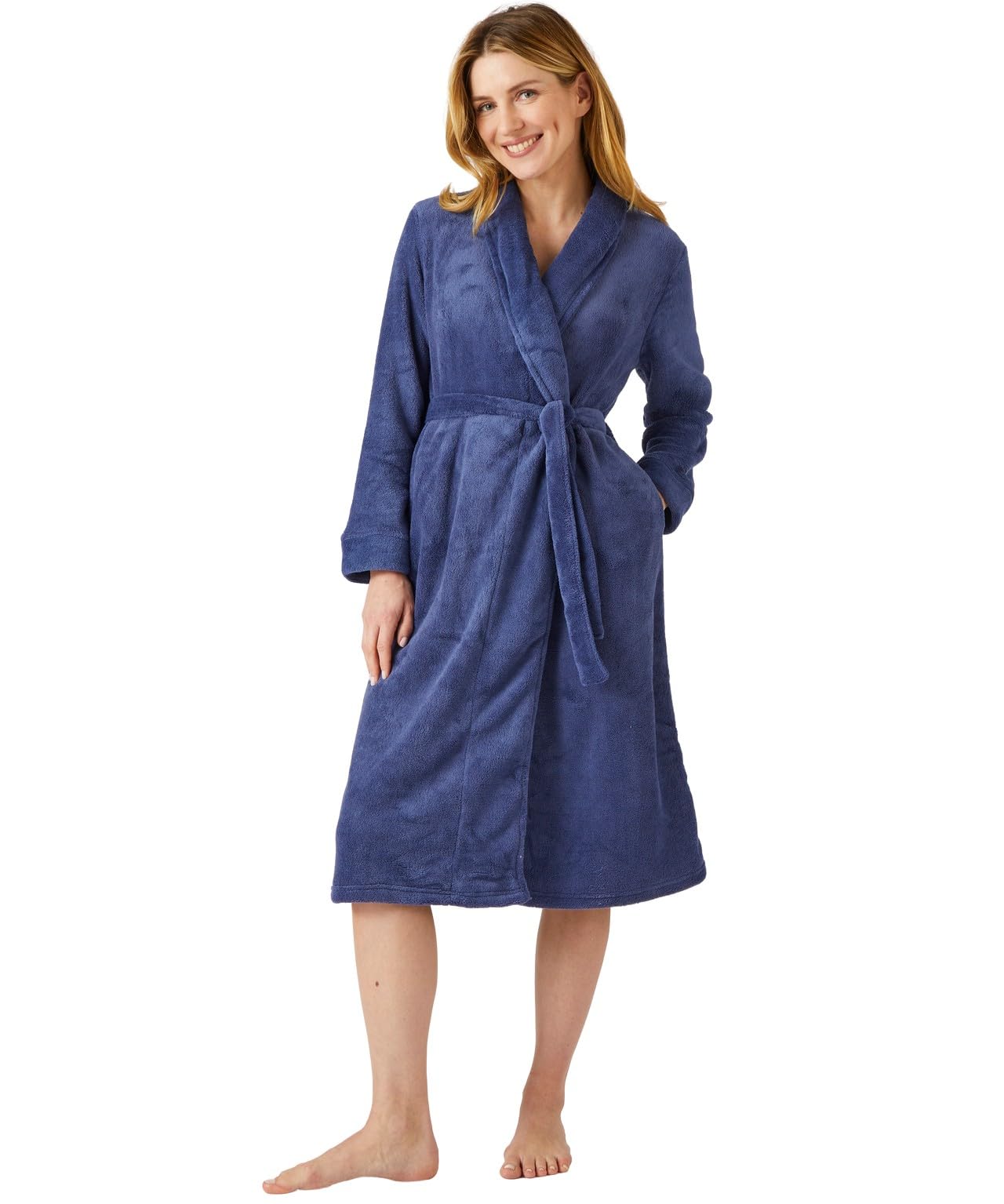 Damart Fleece Wrap Gown Women Nightwear Shawl Collar Thermolactyl Long Sleeves Blue