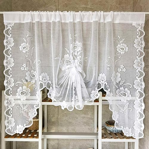 NewWPKIRA 1 Panel Floral Embroidery Sheer Lace Curtain Valance Princess Style Embroidered Waterfall Swag Curtain Valance Tier for Kitchen Bathroom Half Window Decoration, Rod Pocket Top