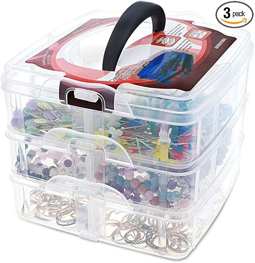 Juvale 3 Tier Stackable Craft Storage Box with Adjustable Compartments for Beads, Sewing Accessories, Arts & Crafts Supplies - 6 x 6 x 5 Inch Tackle Box Organizer