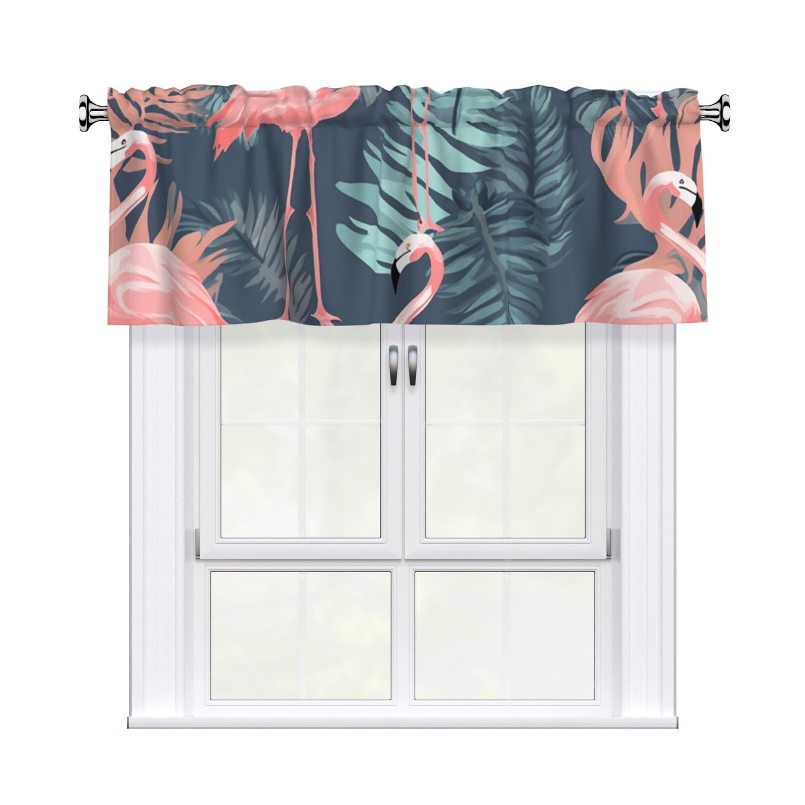 Summer Flamingo Palm Leaves Valance Curtain 54 X 18 Inch,Blackout Kitchen Valance Window Treatments Rod Pocket Drapes Modern Art Short Curtains for Kitchen Windows Bathroom Bedroom