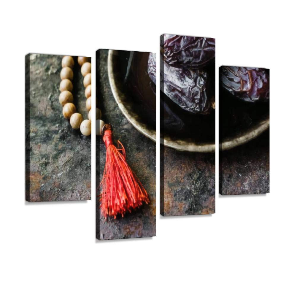 Dates and ic rosary as ramadan symbol, matif Canvas Print Artwork Wall Art Pictures Framed Digital Print Abstract Painting Room Home Office Decor Ready to Hang 4 Panel