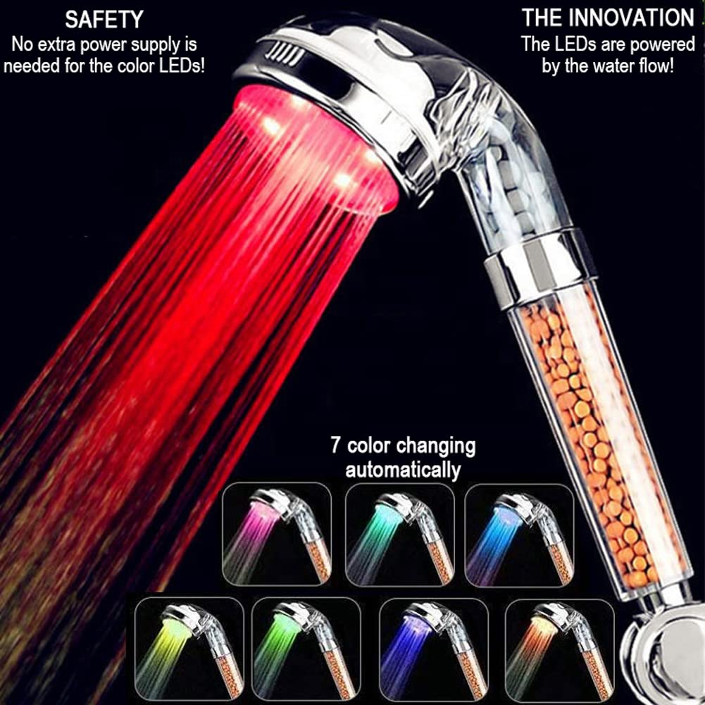 Juego de cabezal de ducha de mano LED con filtración, kit de cabezal de ducha automático de 7 colores, cabezal de ducha de mano de alta presión con manguera y soporte, cabezales de ducha de 3