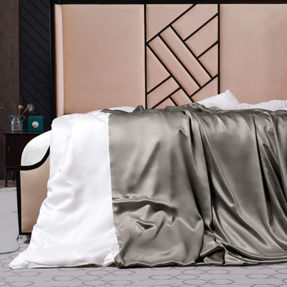 THXSILK Luxury Silk Covered Silk Comforter for Winter, 2in1 100% Silk Removable Duvet Cover Plus 100% Silk Comforter, Queen Size, Charcoal