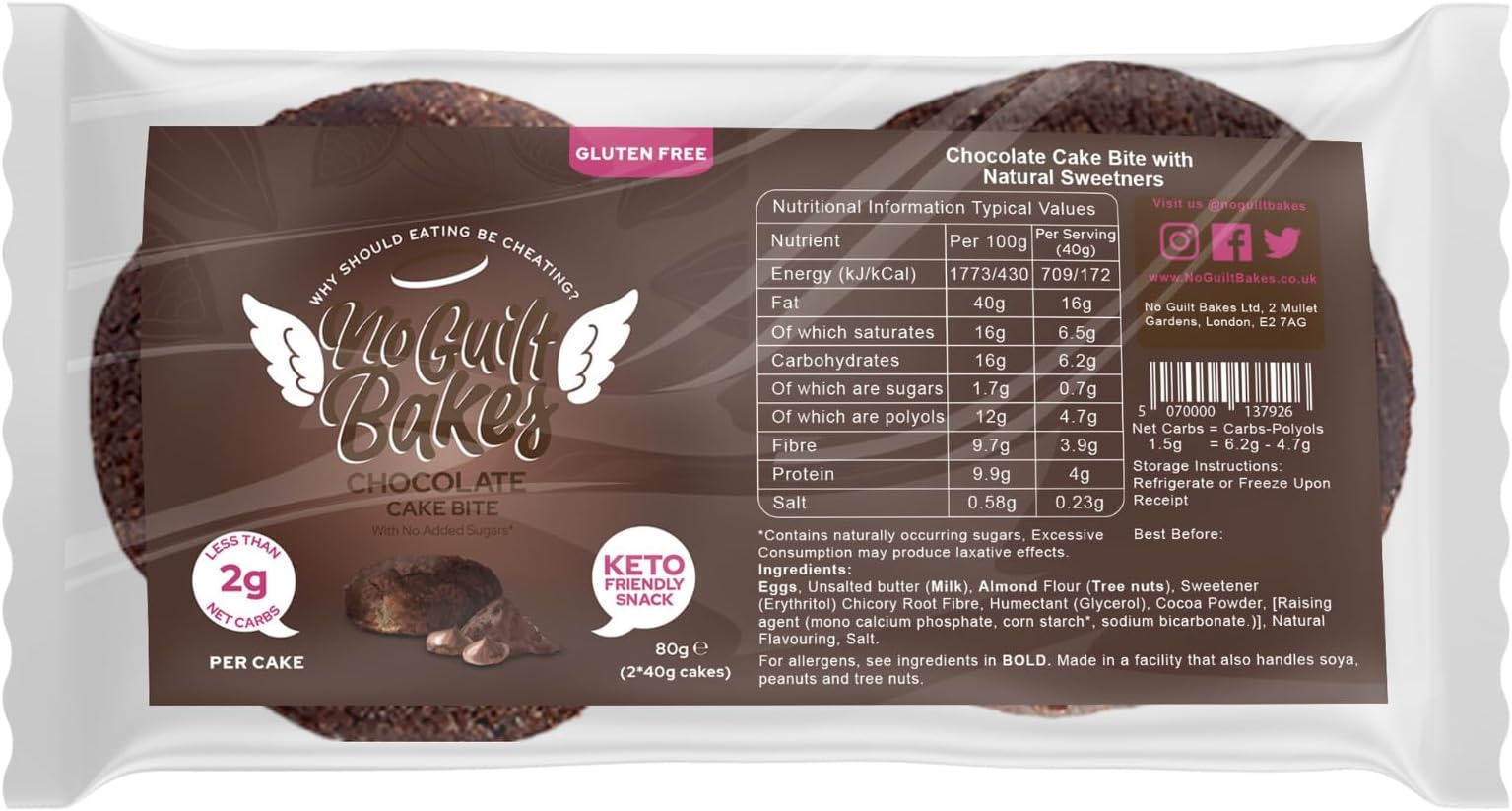 No Guilt Bakes Keto Cake Bites - Chocolate, 10 Cakes (2x5) - Gluten Free & No Sugar Added, Healthy Diabetic, Fibre, Keto Diet Snack