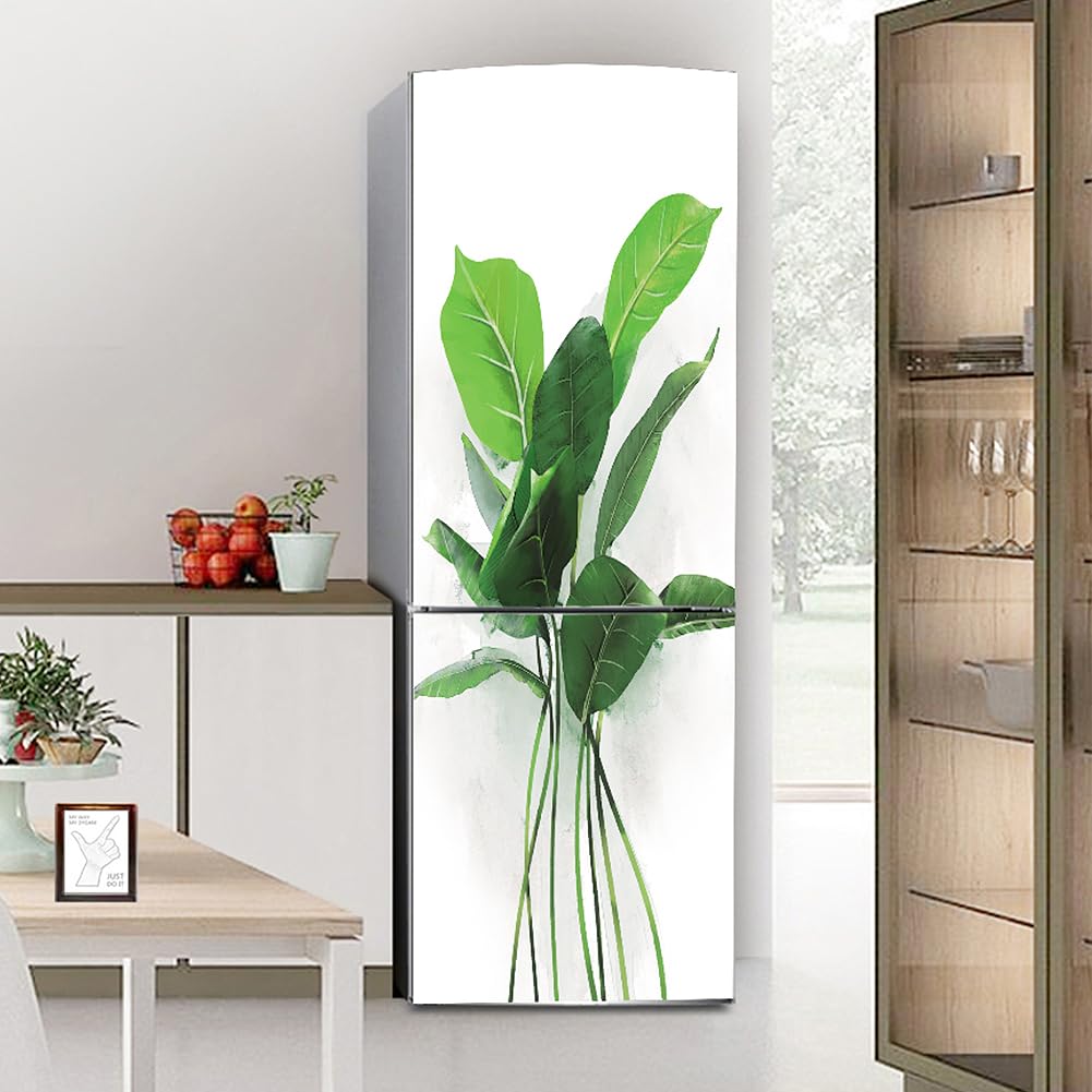 folia dekoracyjna do lodówek, Naklejki ścienne na drzwi lodówki, pełne, do kuchni, zielone liście, białe(S: 60x150 cm)