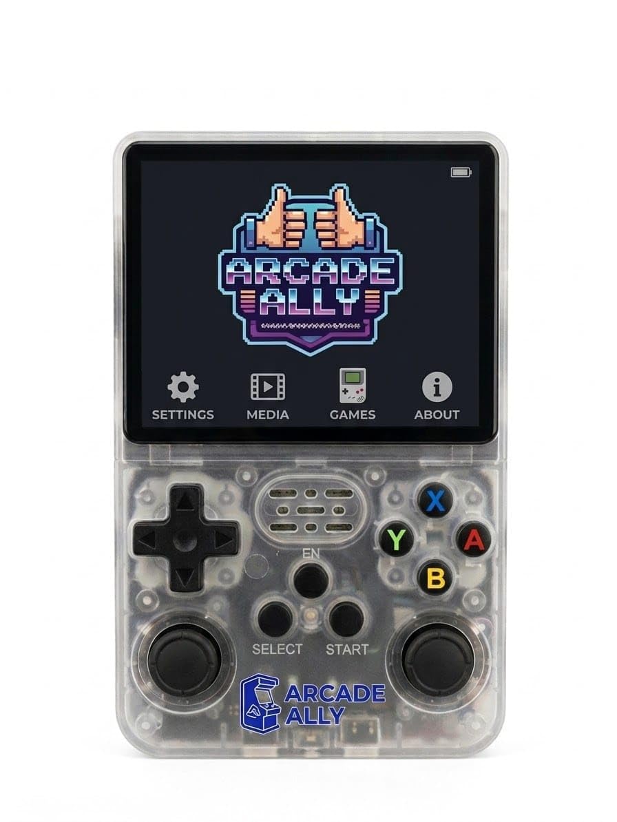 Arcade Ally R36S Handheld Retro Game Console, 3.5 Inch IPS Screen, 64GB Preloaded Card, 3500mAh Battery, Portable Pocket Video Game Player (Transparent Blue)