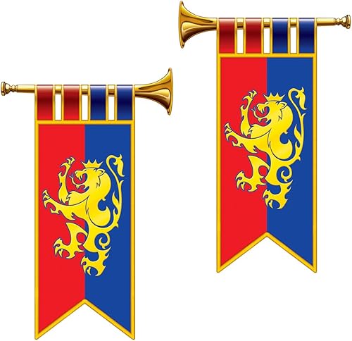 Miniatura 5 de Decoraciones medievales para fiestas, trompetas y escudo de cartón, banderines de plástico y mantel (paquete de 5) por Multiple