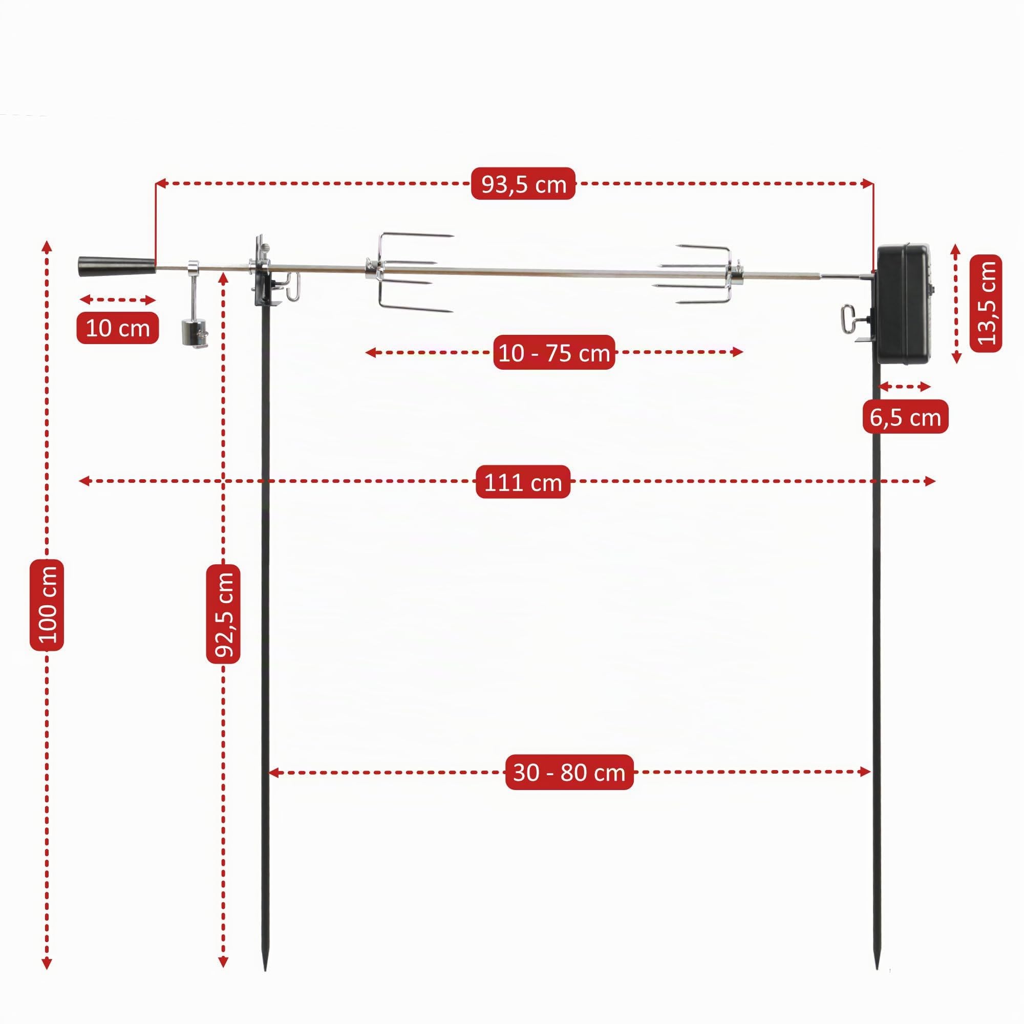 BBQ-Toro Asador Eléctrico Giratorio con Barras de Soporte I Juego con Brocheta de 90 cm I 2 Agujas para Carne y Motor a Pilas I Barbacoa