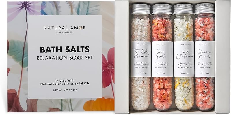 NATURAL AMOR LOS ANGELES Kit Presente com Sais de Banho, 4 Unidades, Sal Rosa do Himalaia, Sal Marinha, Óleos Essenciais, Óleo de Jojoba e Flores Secas