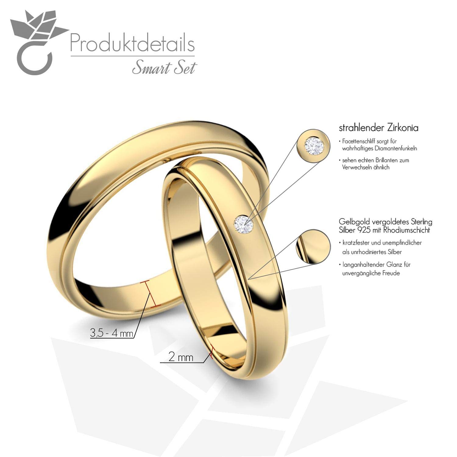 Eheringe Trauringe Gold Set AMOONIC mit Zirkonia Freundschaftsringe