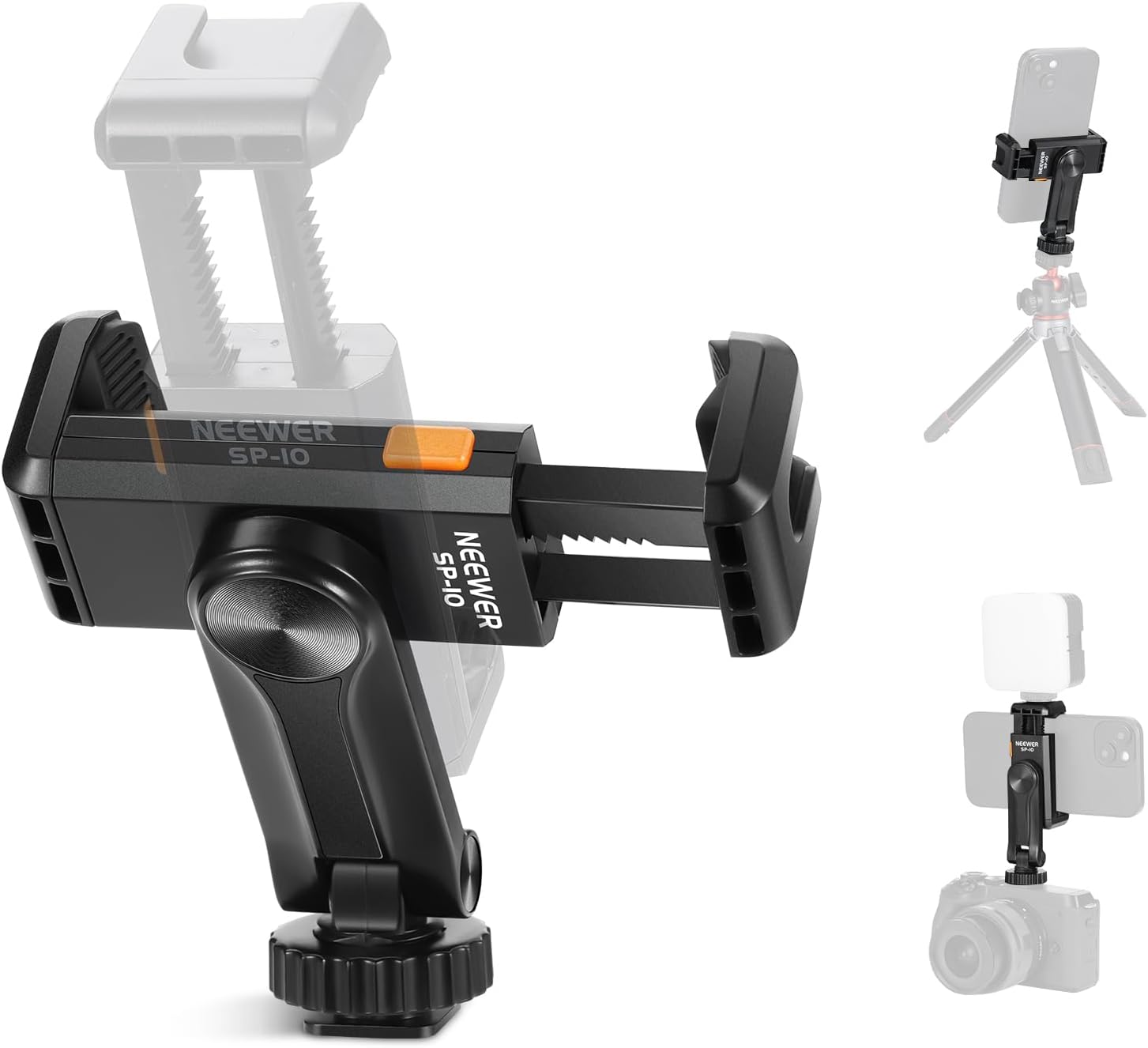 NEEWER 1/4" Thread Tripod Phone Mount with Cold Shoe 6-9cm 360° Rotatable Cell Phone Clamp for iPhone 15 14 13 12 11 Pro Max X XR Samsung S24 Ultra, SP-10