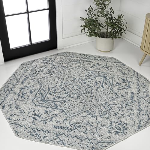 JONATHAN Y Boho Medallion Indoor Outdoor Octagon Area Rug 8 Ft Teal/Gray, Estrella Textured Weave for Backyard, Patio, Porch, Easy-Cleaning, High Traffic, Pet-Friendly, Non-Shedding (SMB105C-8TGN)