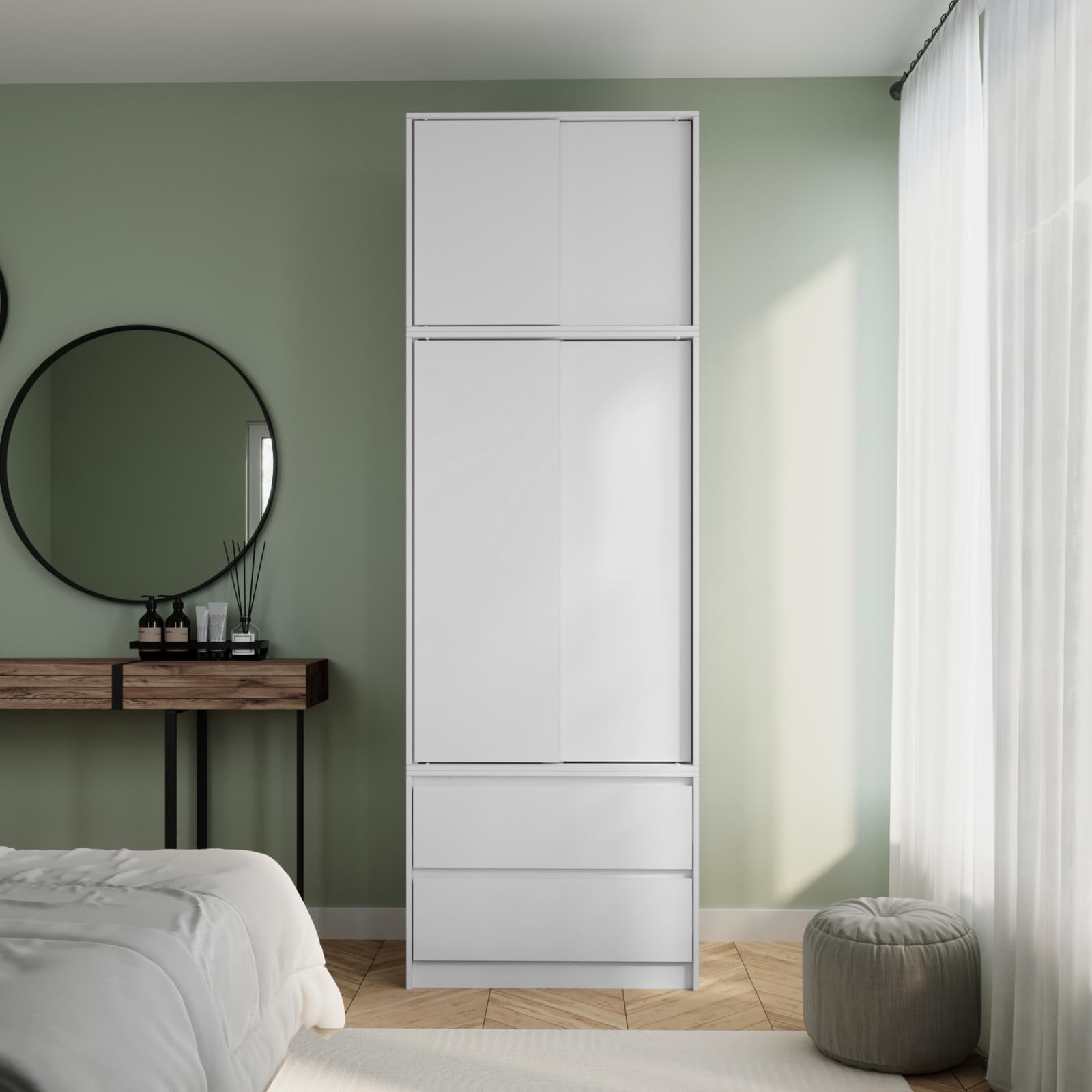 URBNLIVING 240cm Extra Tall 2 Door Sliding Wardrobe for Bedroom, Modern Freestanding Storage Cupboard with Hanging Rail, Customisable Design, Ideal for Clothes, Accessories & More