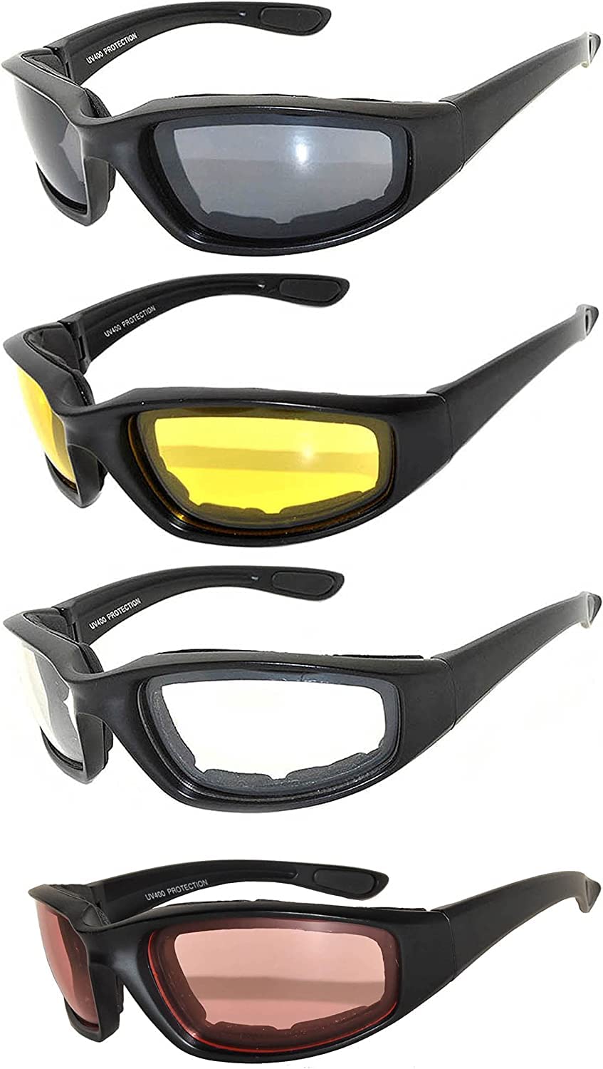 OWL Motorcycle Riding Sport Sunglasses Assorted Color Multipacks, Unisex Foam Padded Wind Blocking Glasses UV400 Protection