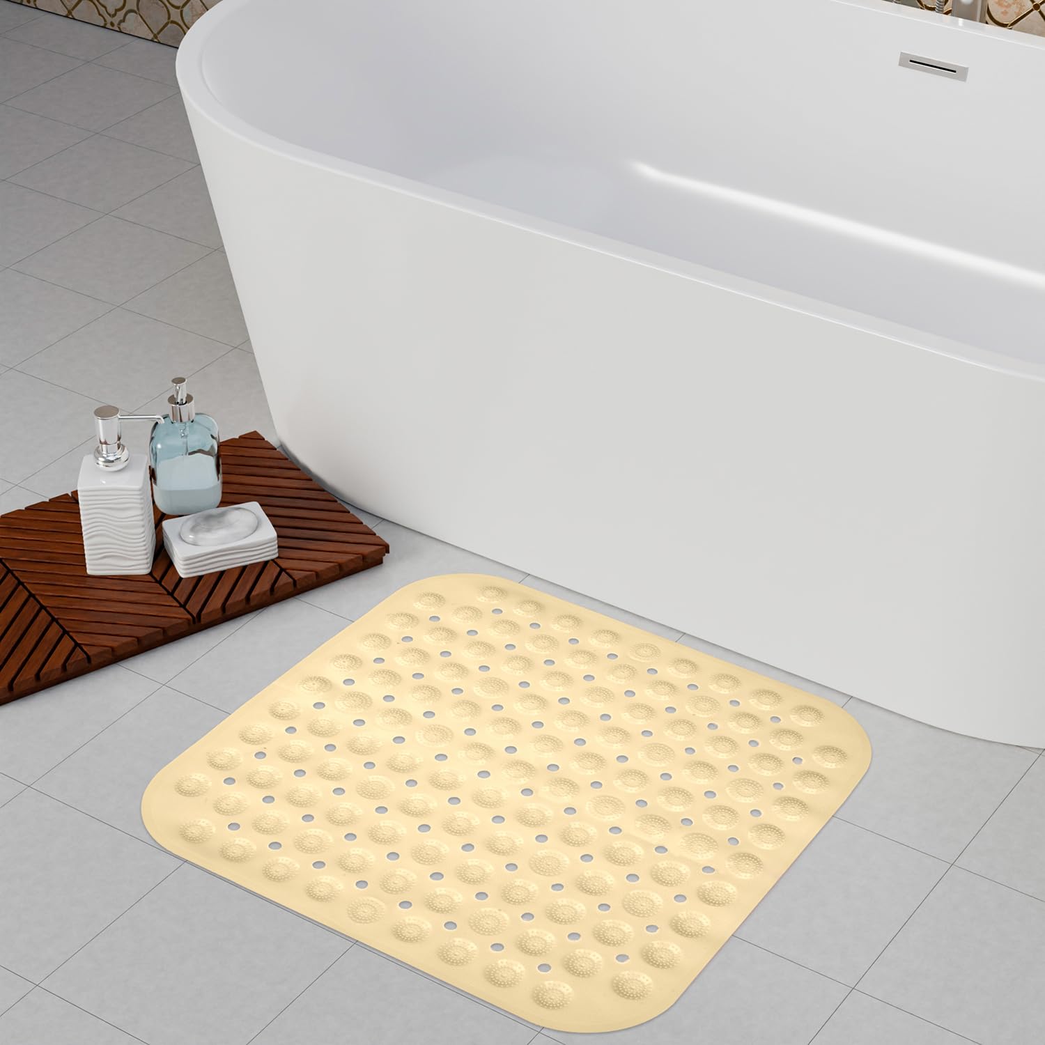 Urbane Home Bath Mat | PVC Bathroom Mat | Shower Bath Mat | Square Bath Tub Mat | Foot Massager Mat | Anti-Skid Floor Mat | Shower Mat | Pack of 2 | Cream 4