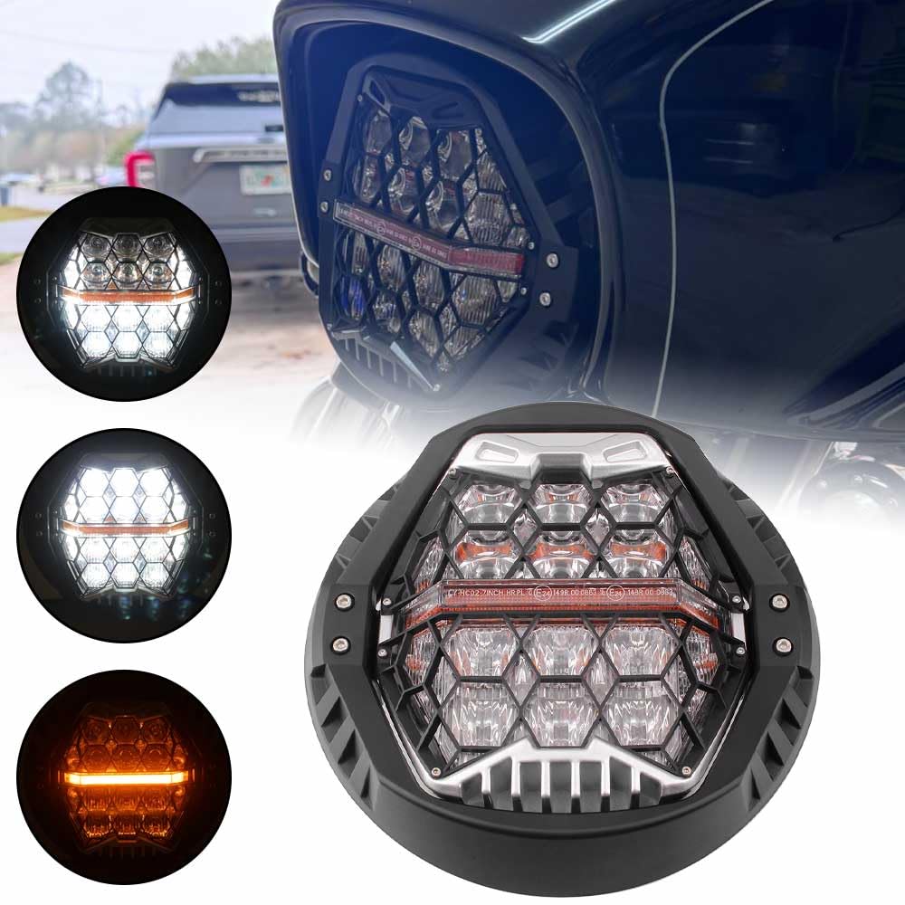 TrichTu Mount 7“ Honeycomb Led Headlight Fit For Harley 1994-2017 Touring 2012-later FLD Softail Fat Boy Yamaha,DOT and Emark Approved,Black
